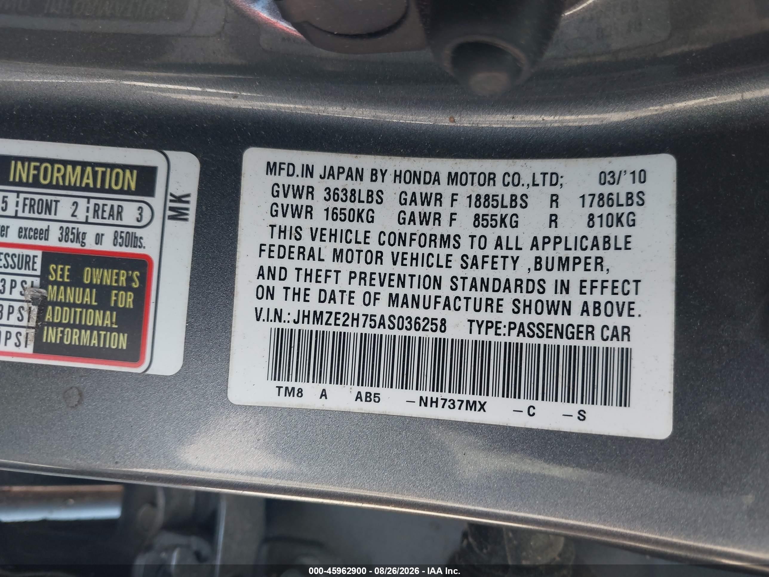 2010 Honda Insight Ex Gray vin: JHMZE2H75AS036258