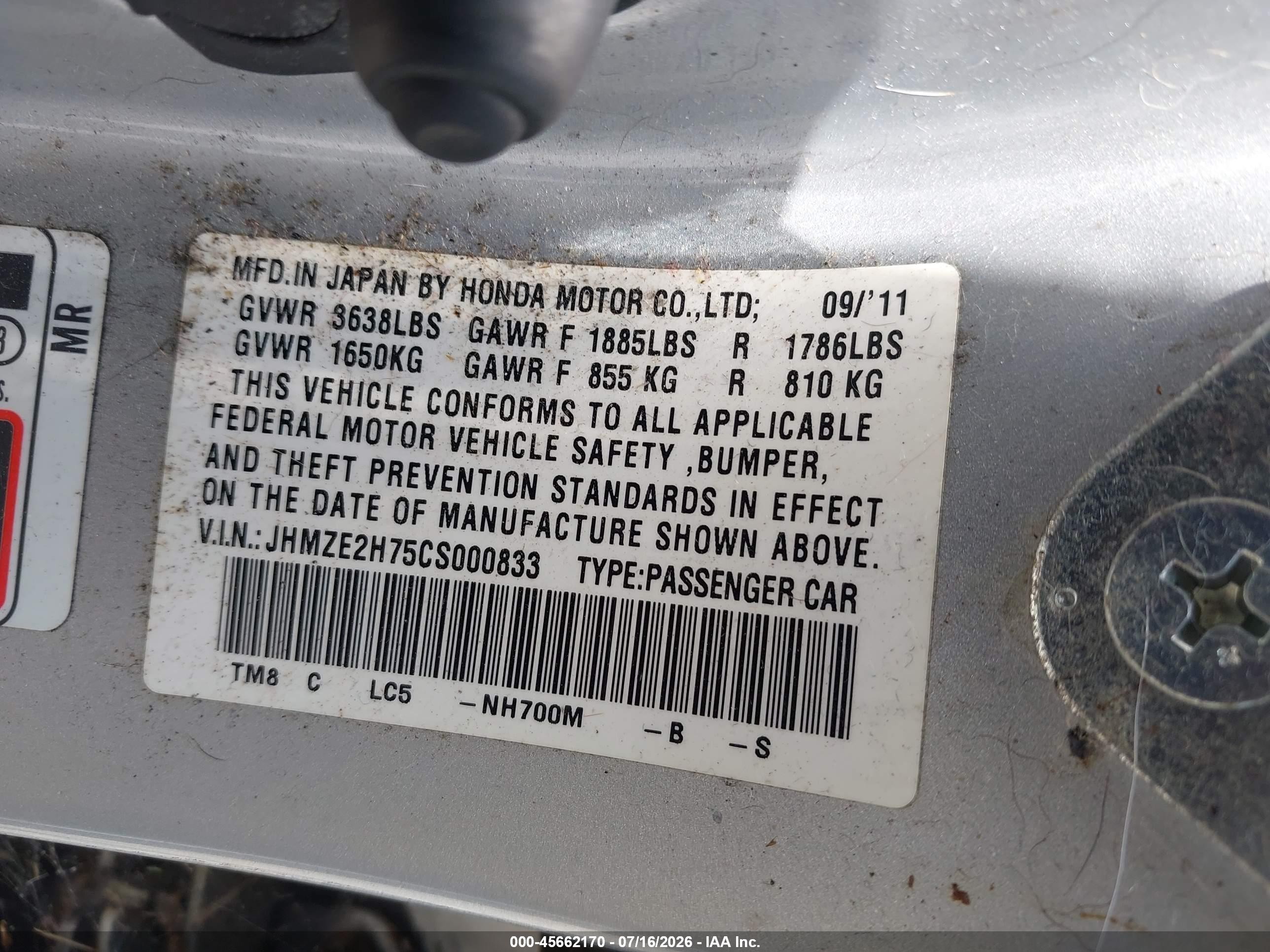 2012 Honda Insight Ex Silver vin: JHMZE2H75CS000833