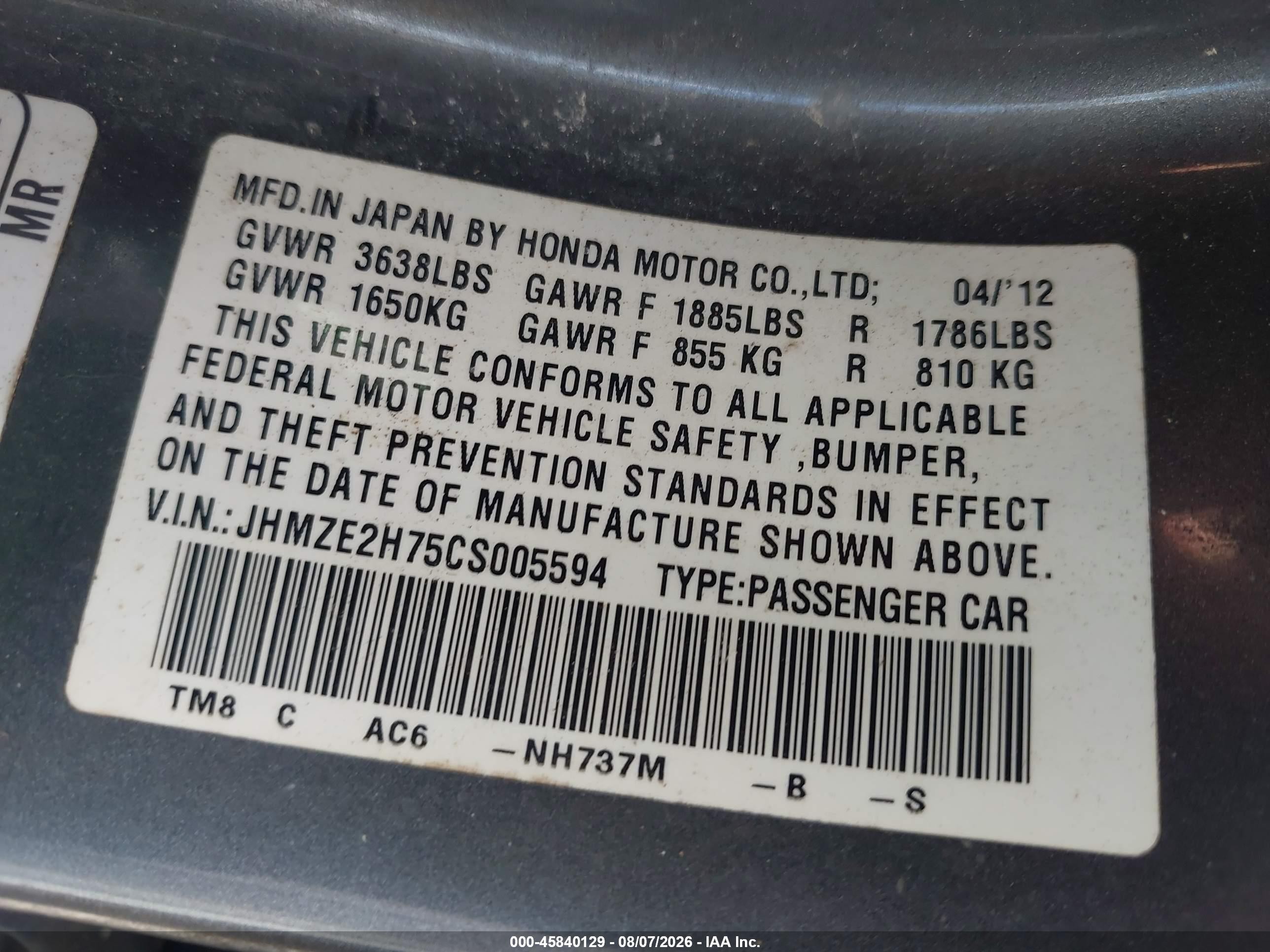 2012 Honda Insight Ex Gray vin: JHMZE2H75CS005594