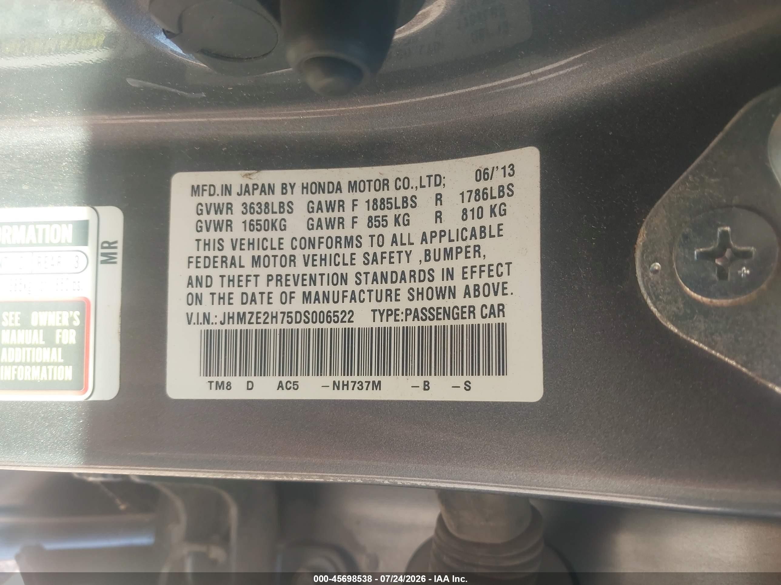 2013 Honda Insight Ex Gray vin: JHMZE2H75DS006522