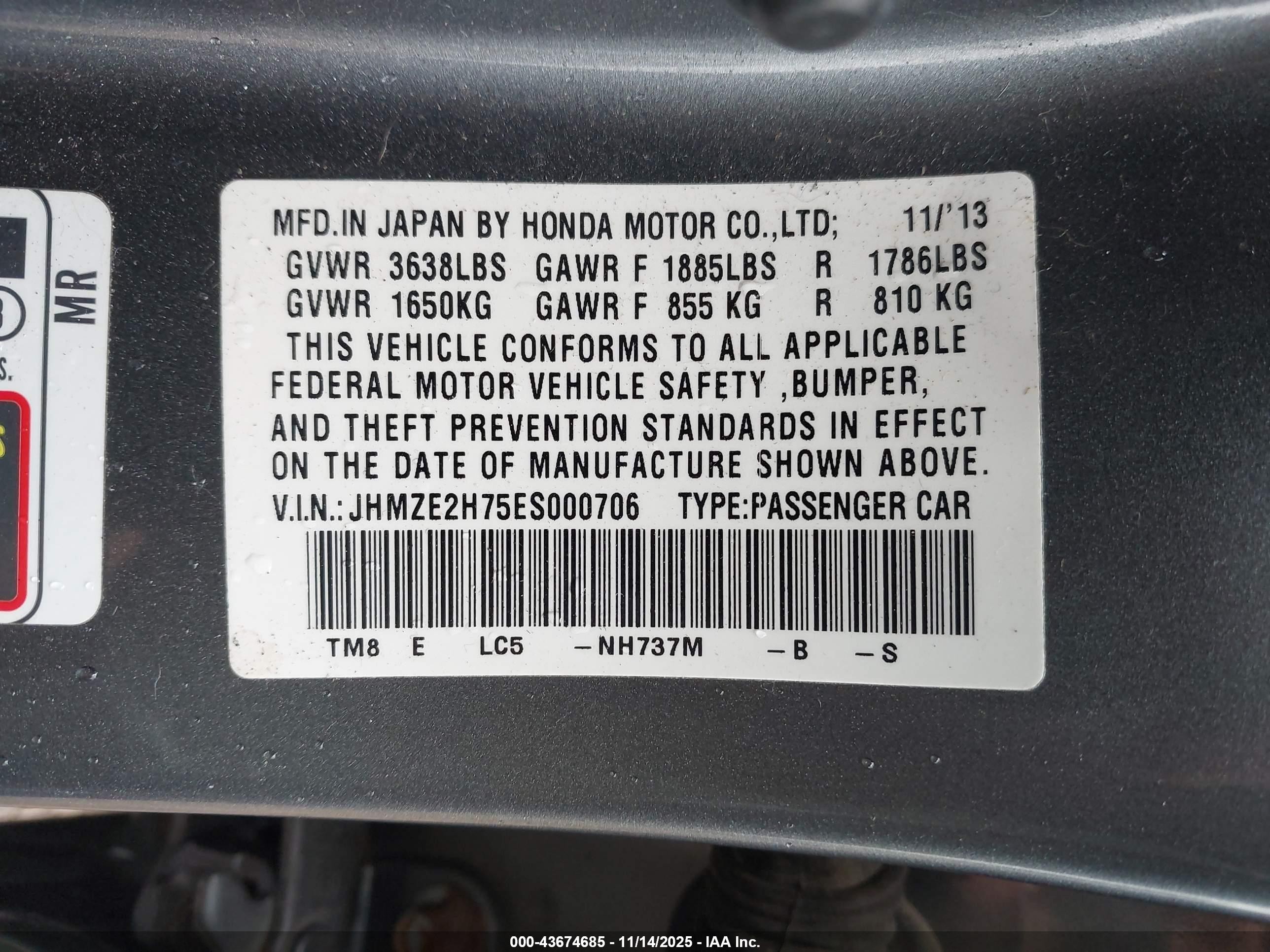 2014 Honda Insight Ex Gray vin: JHMZE2H75ES000706