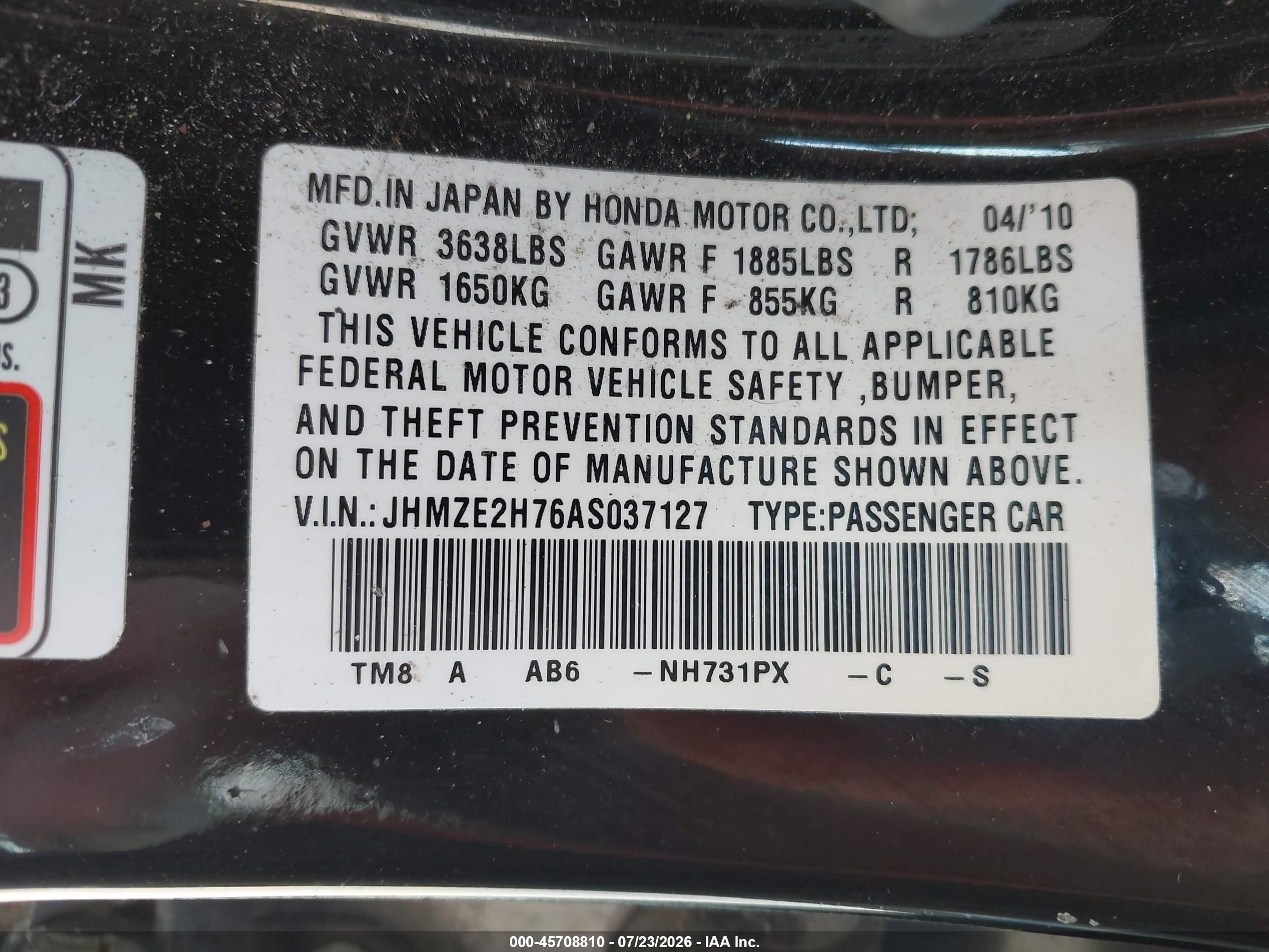 2010 Honda Insight Ex Black vin: JHMZE2H76AS037127