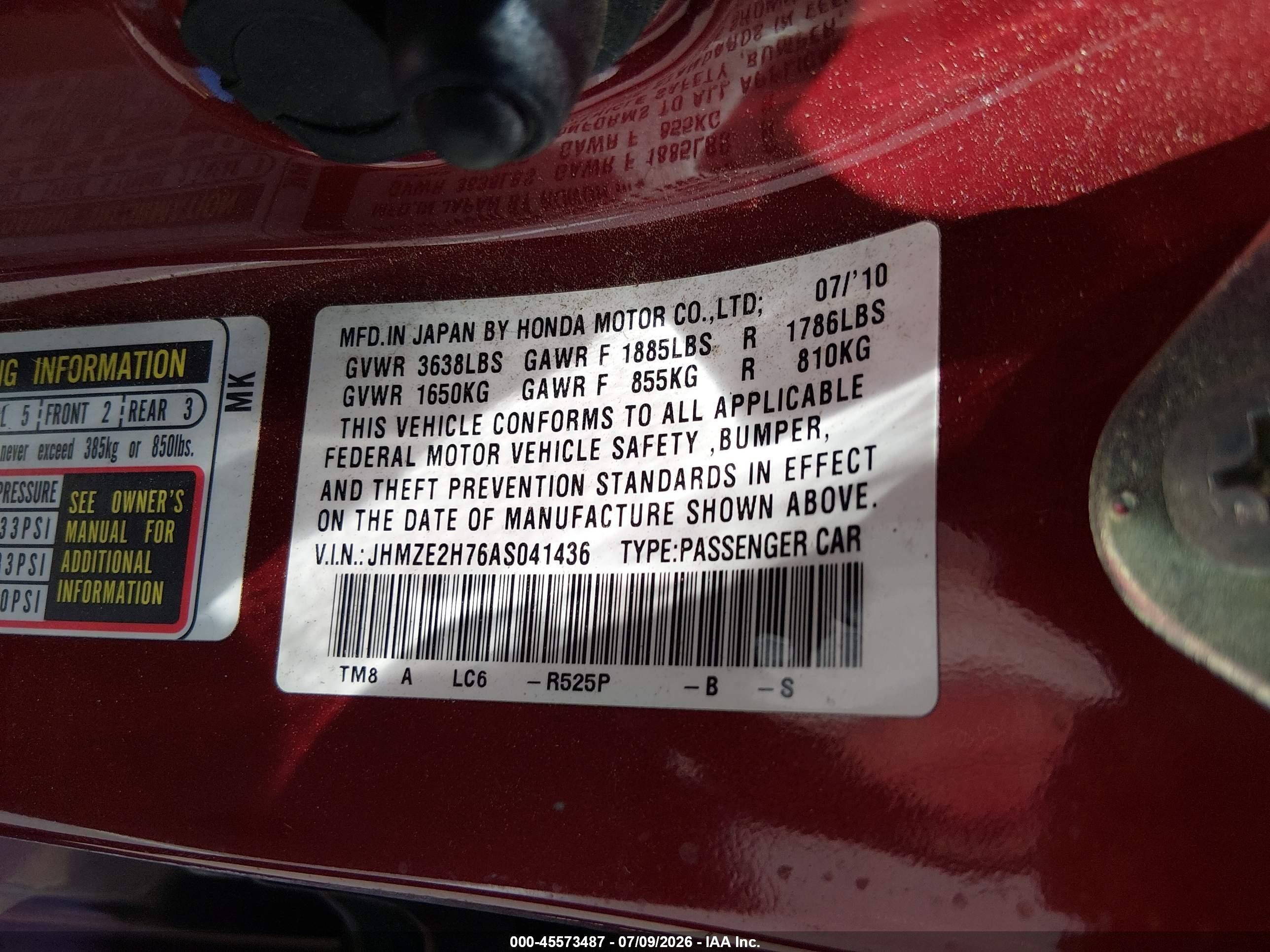 2010 Honda Insight Ex Red vin: JHMZE2H76AS041436