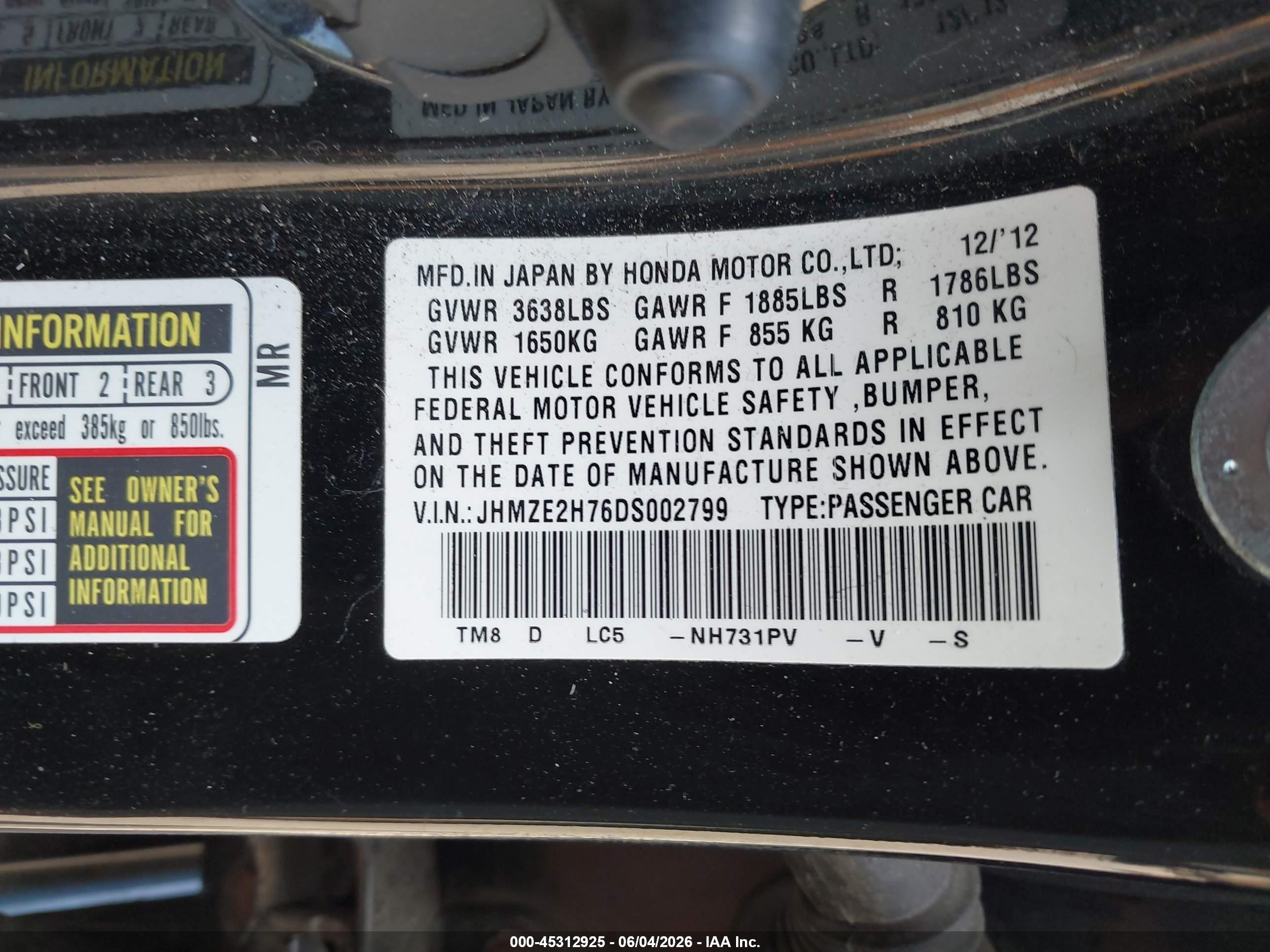 2013 Honda Insight Ex Black vin: JHMZE2H76DS002799