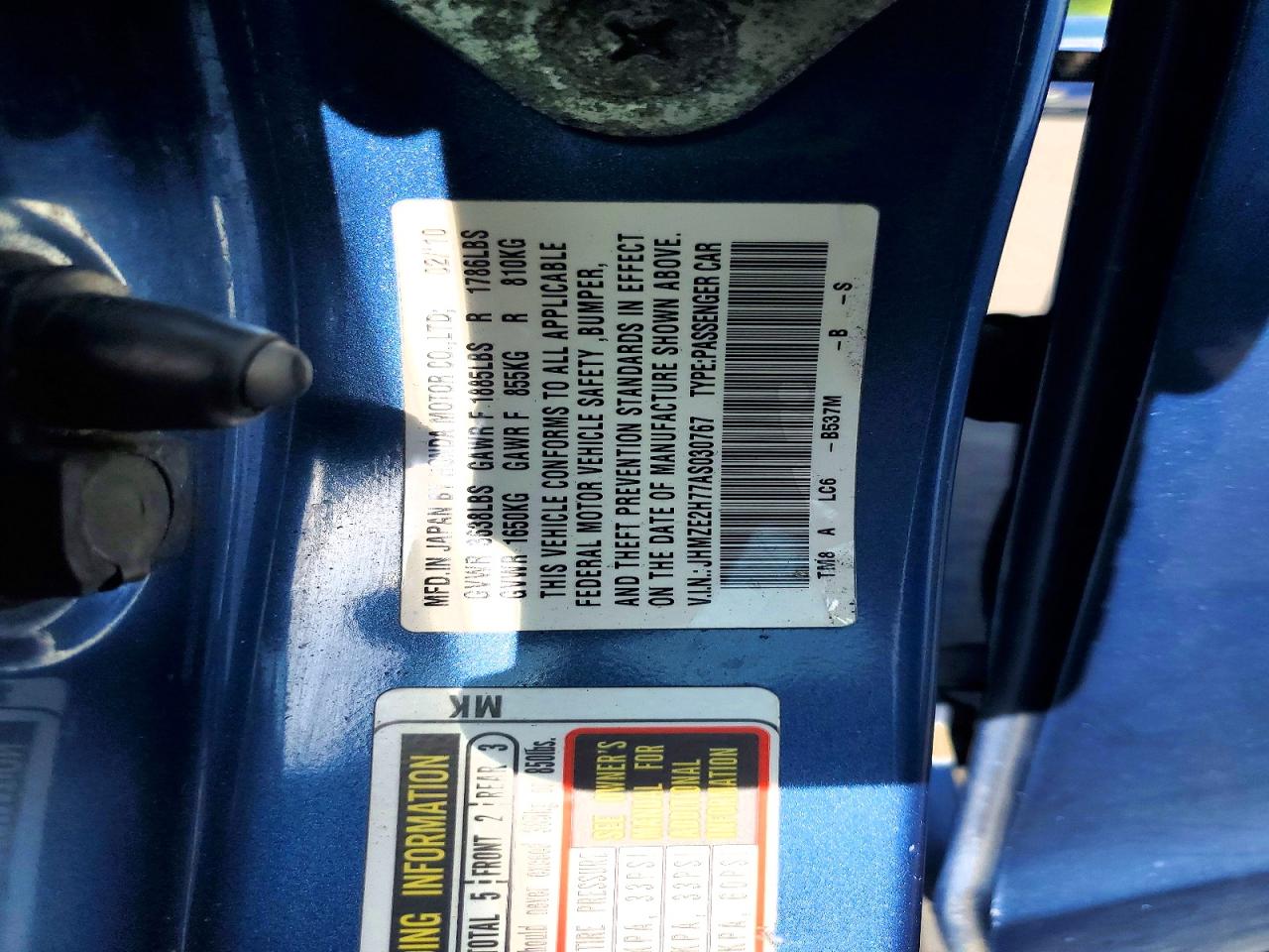 2010 Honda Insight Ex Blue vin: JHMZE2H77AS030767
