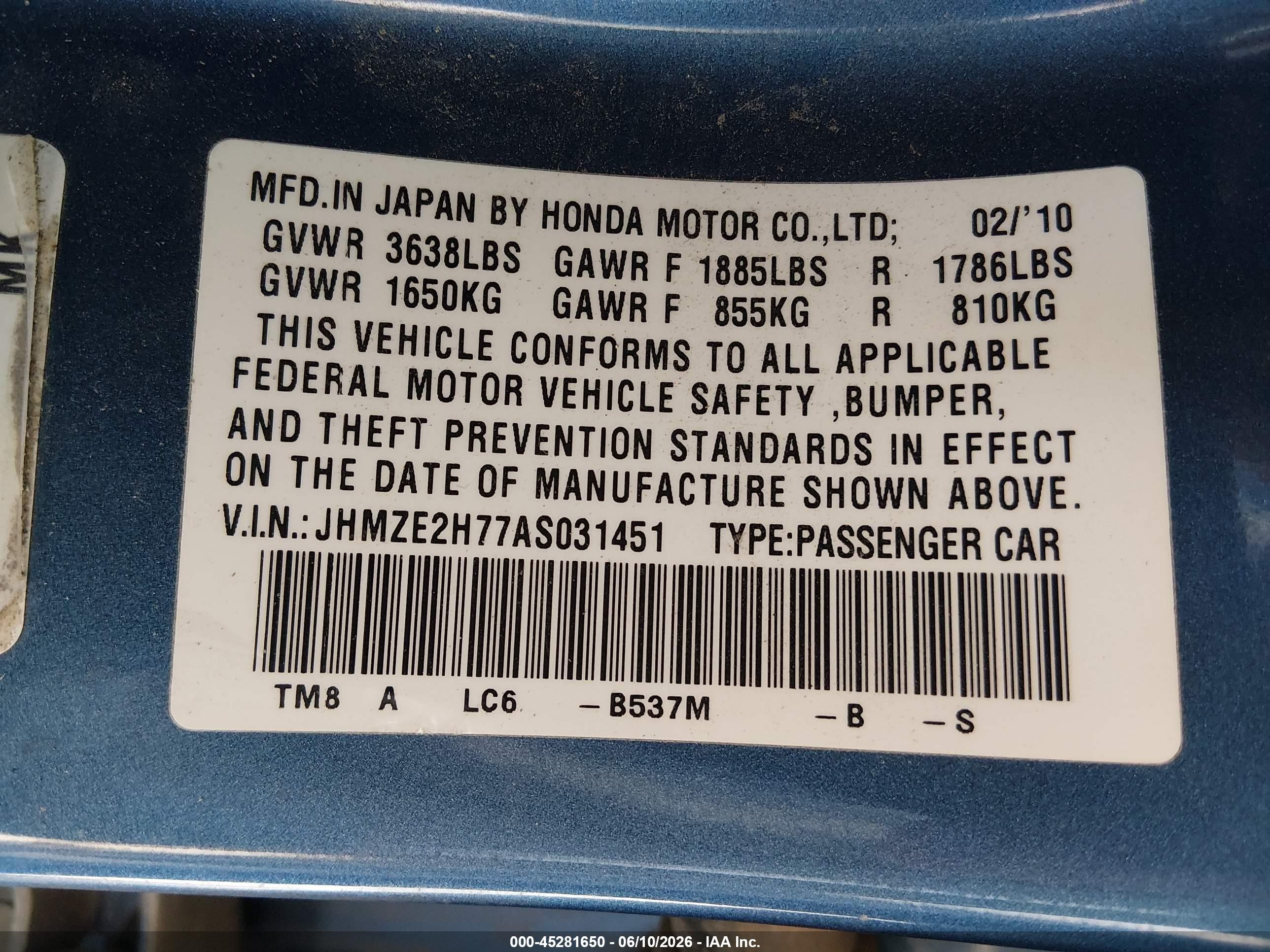 2010 Honda Insight Ex Light Blue vin: JHMZE2H77AS031451