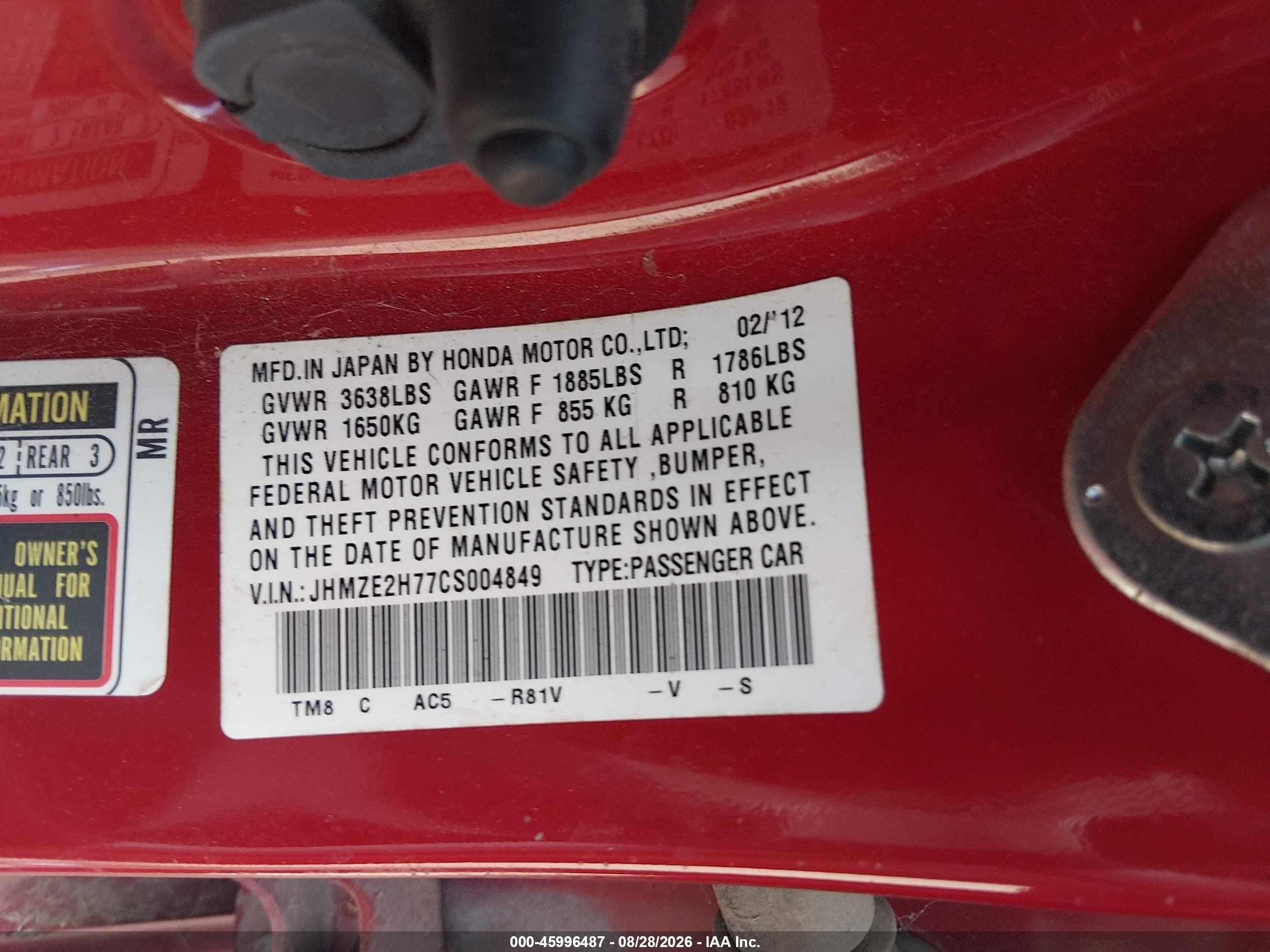 2012 Honda Insight Ex Red vin: JHMZE2H77CS004849