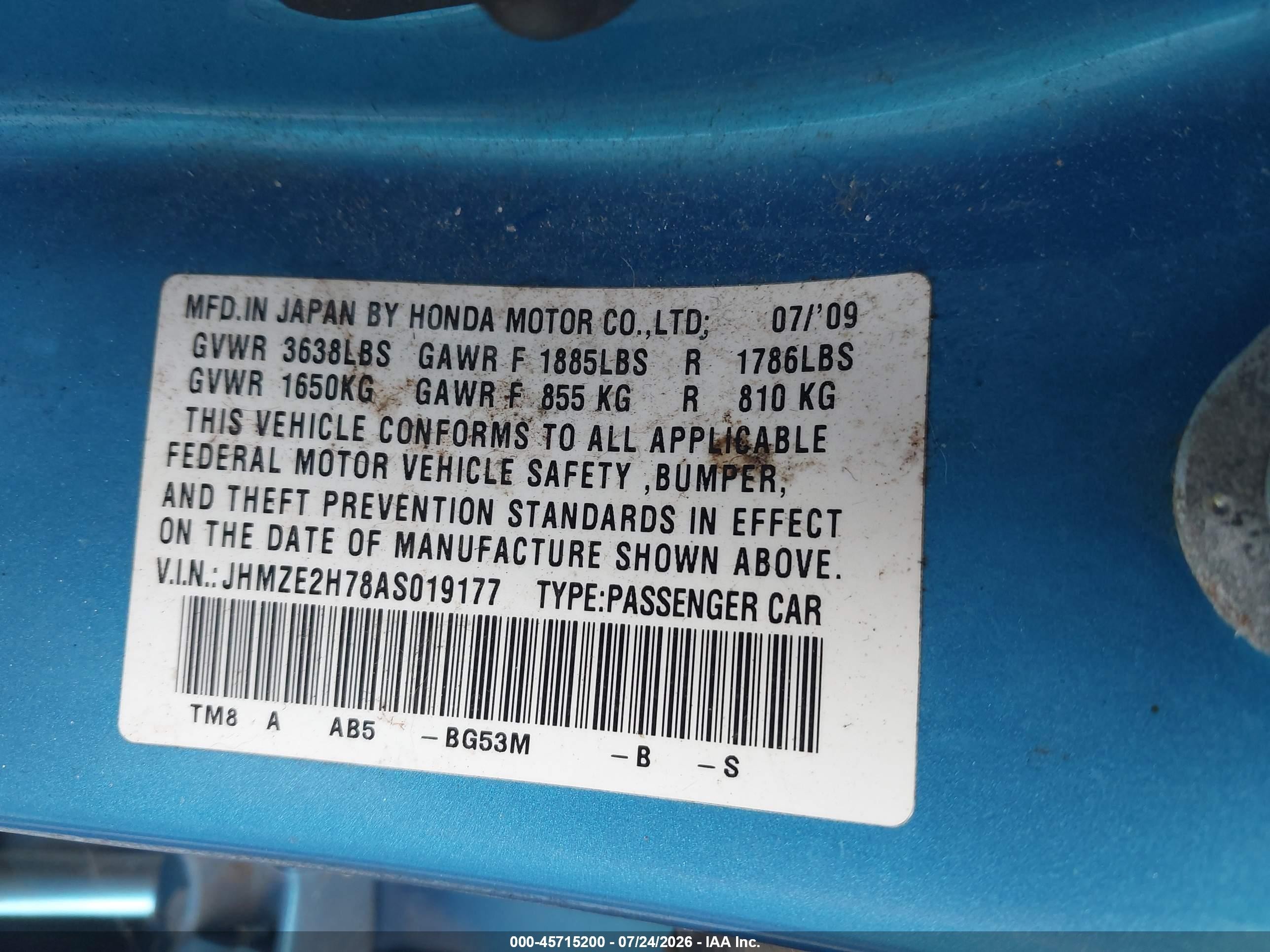 2010 Honda Insight Ex Blue vin: JHMZE2H78AS019177
