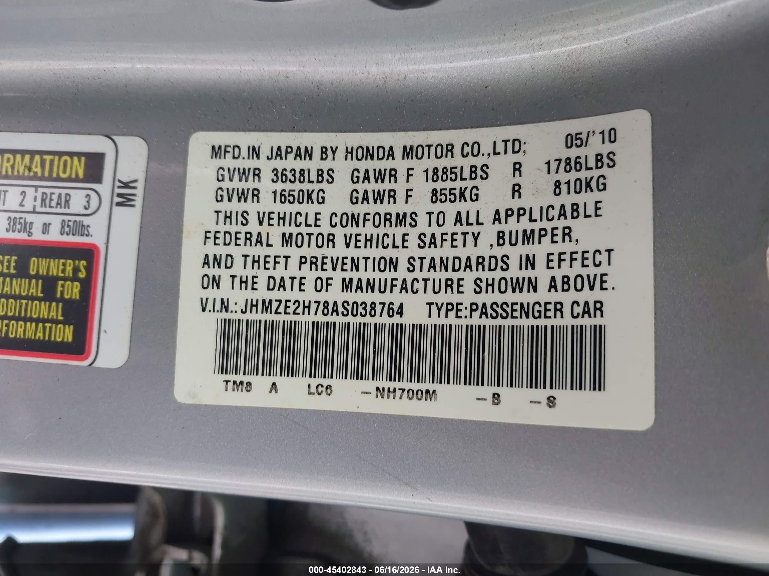 2010 Honda Insight Ex Silver vin: JHMZE2H78AS038764