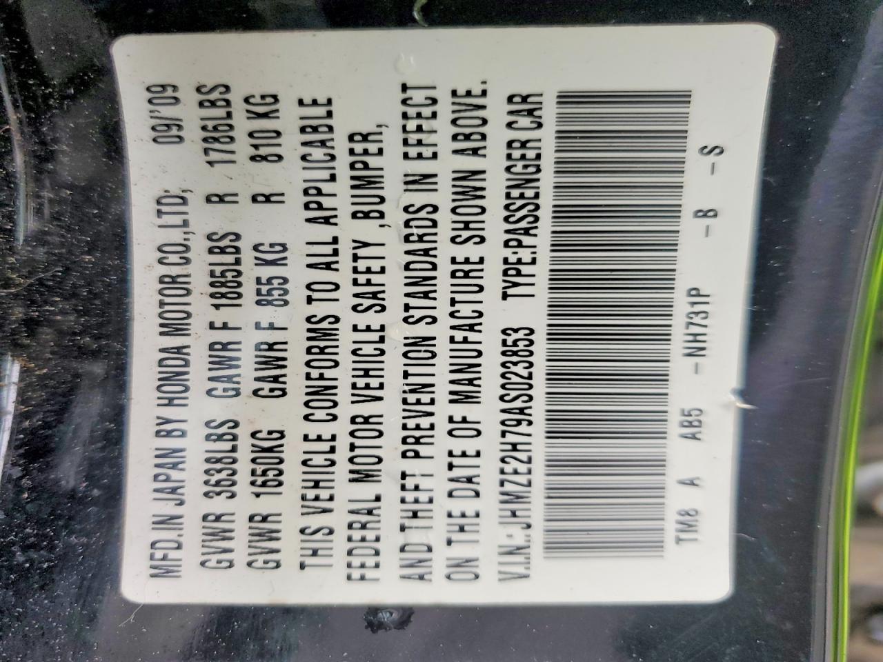 2010 Honda Insight Ex Black vin: JHMZE2H79AS023853