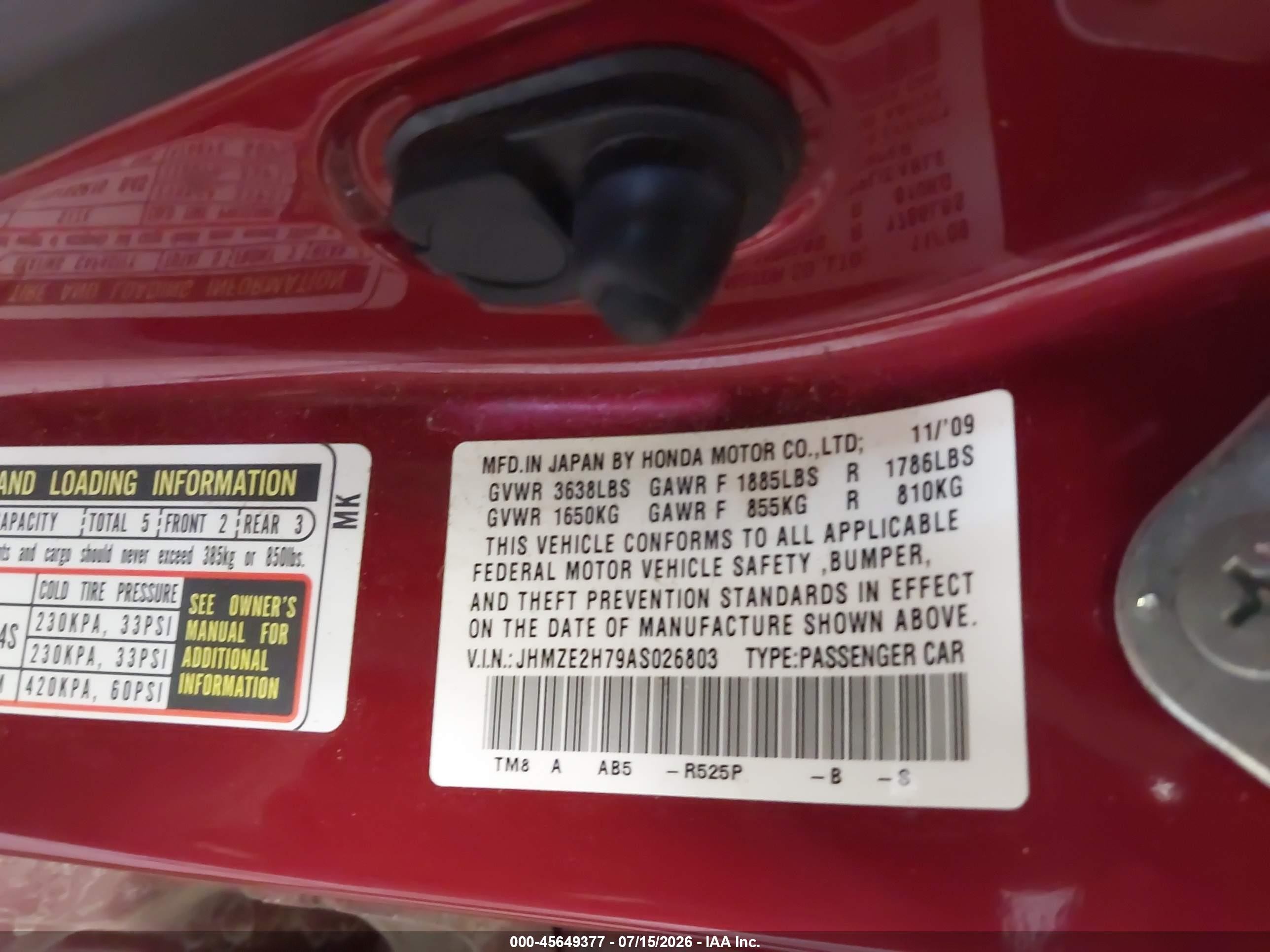 2010 Honda Insight Ex Красный vin: JHMZE2H79AS026803
