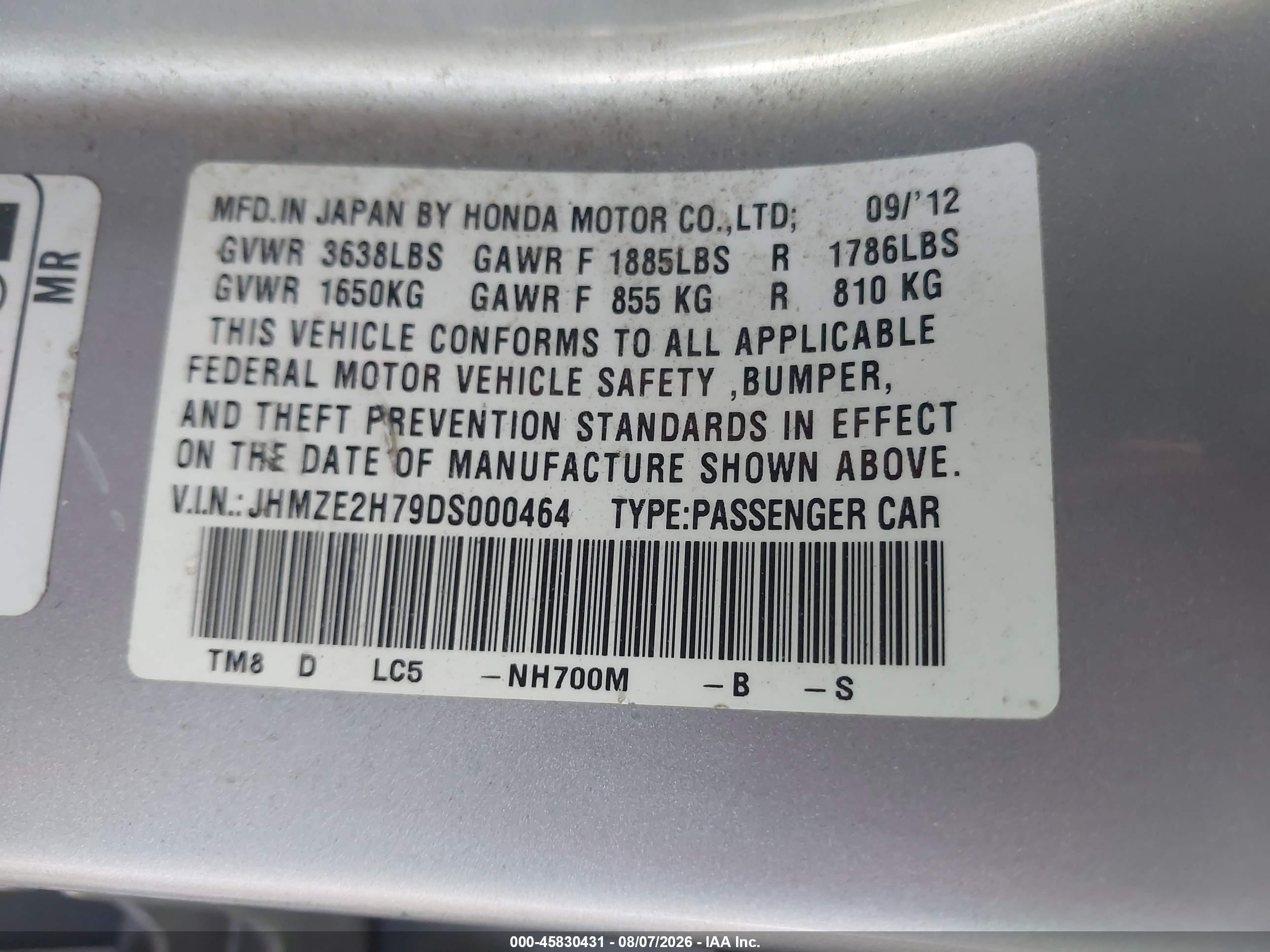 2013 Honda Insight Ex Silver vin: JHMZE2H79DS000464