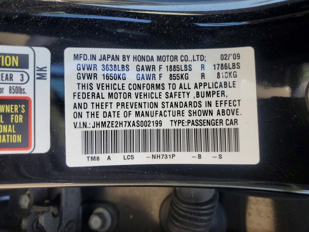 2010 Honda Insight Black vin: JHMZE2H7XAS002199