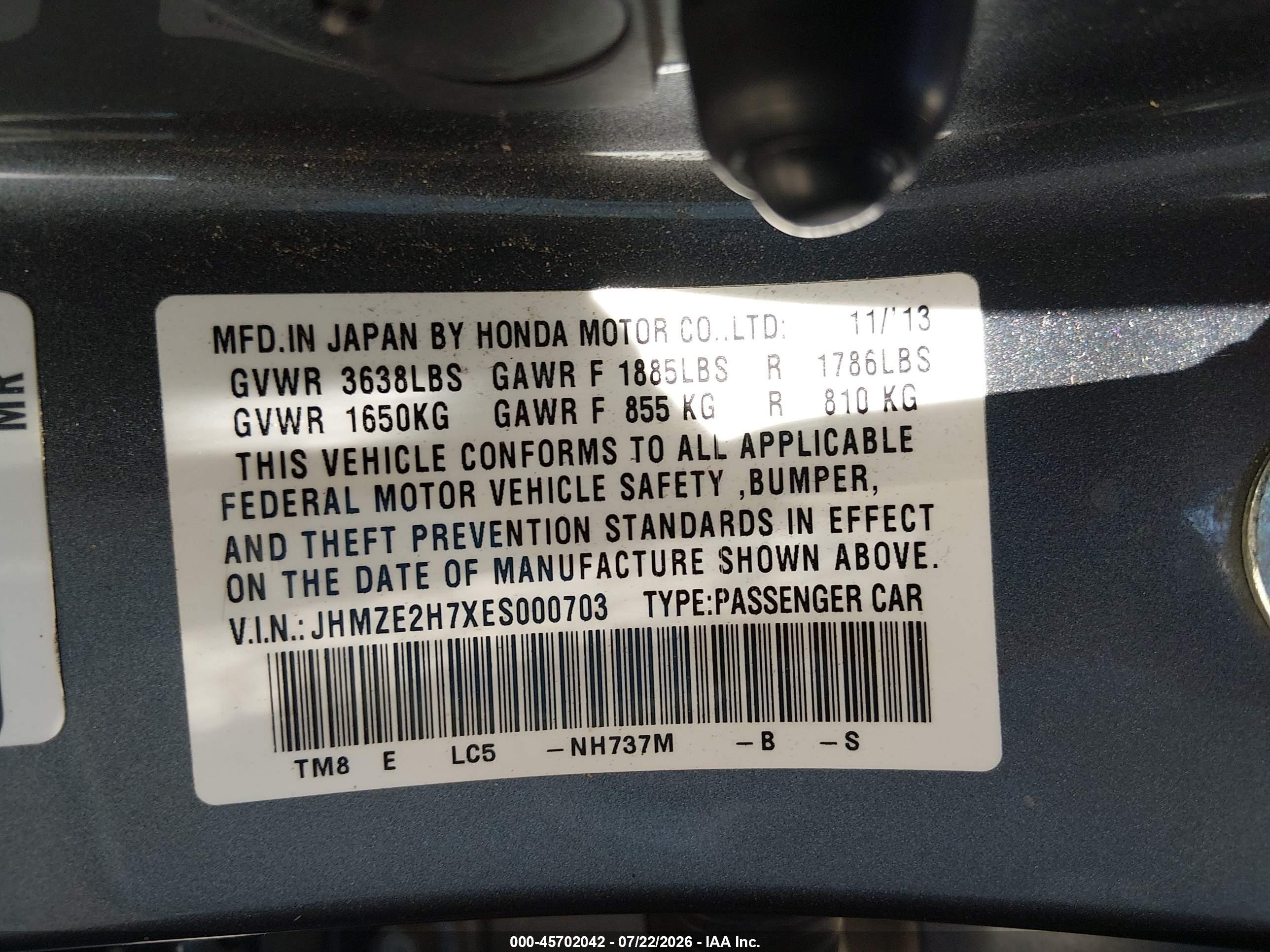 2014 Honda Insight Ex Gray vin: JHMZE2H7XES000703