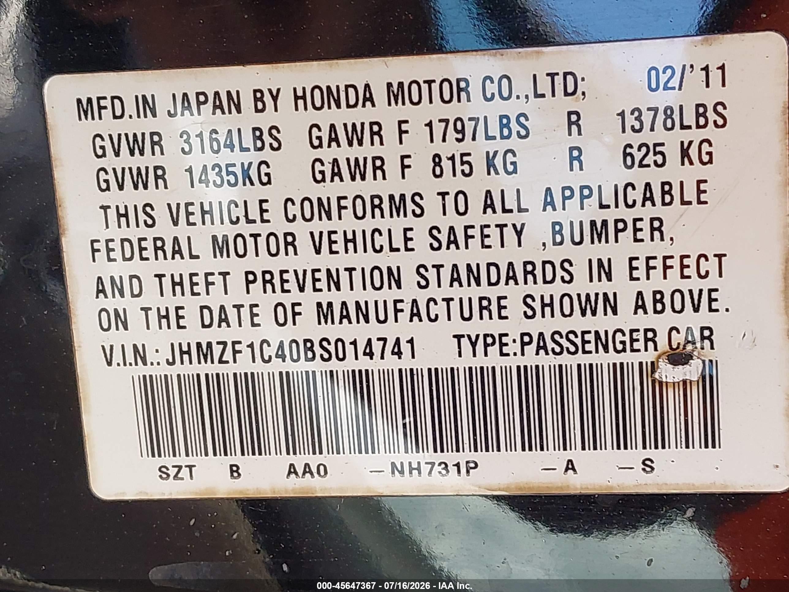 2011 Honda Cr-z   Black vin: JHMZF1C40BS014741