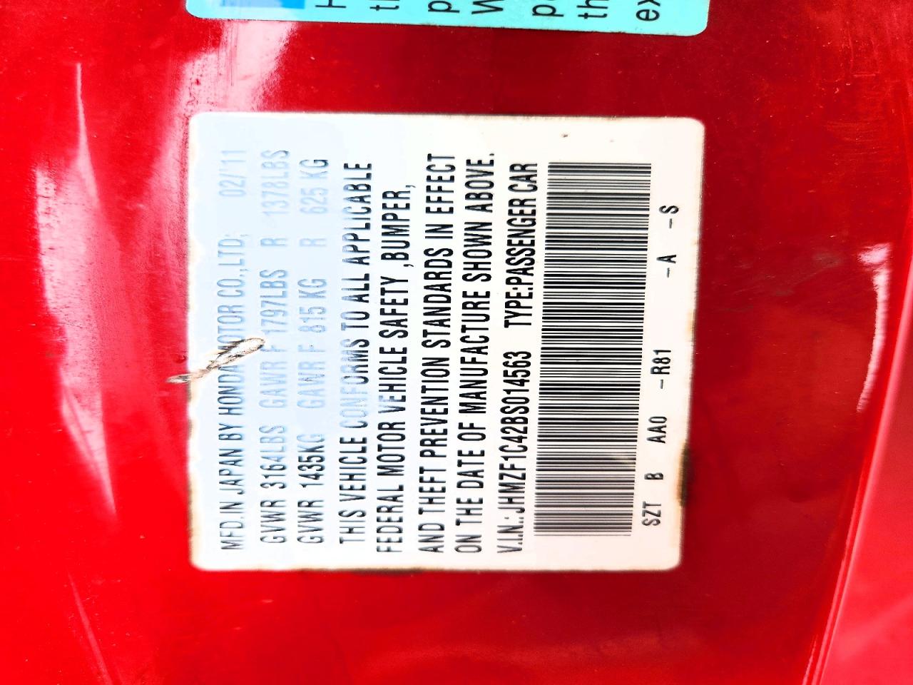 2011 Honda Cr-z Red vin: JHMZF1C42BS014563
