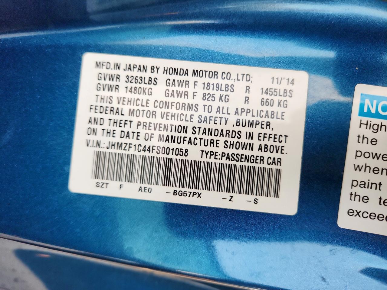 2015 Honda Cr-z Blue vin: JHMZF1C44FS001058