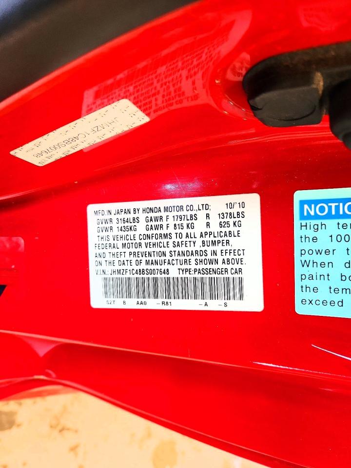 2011 Honda Cr-z Red vin: JHMZF1C48BS007648