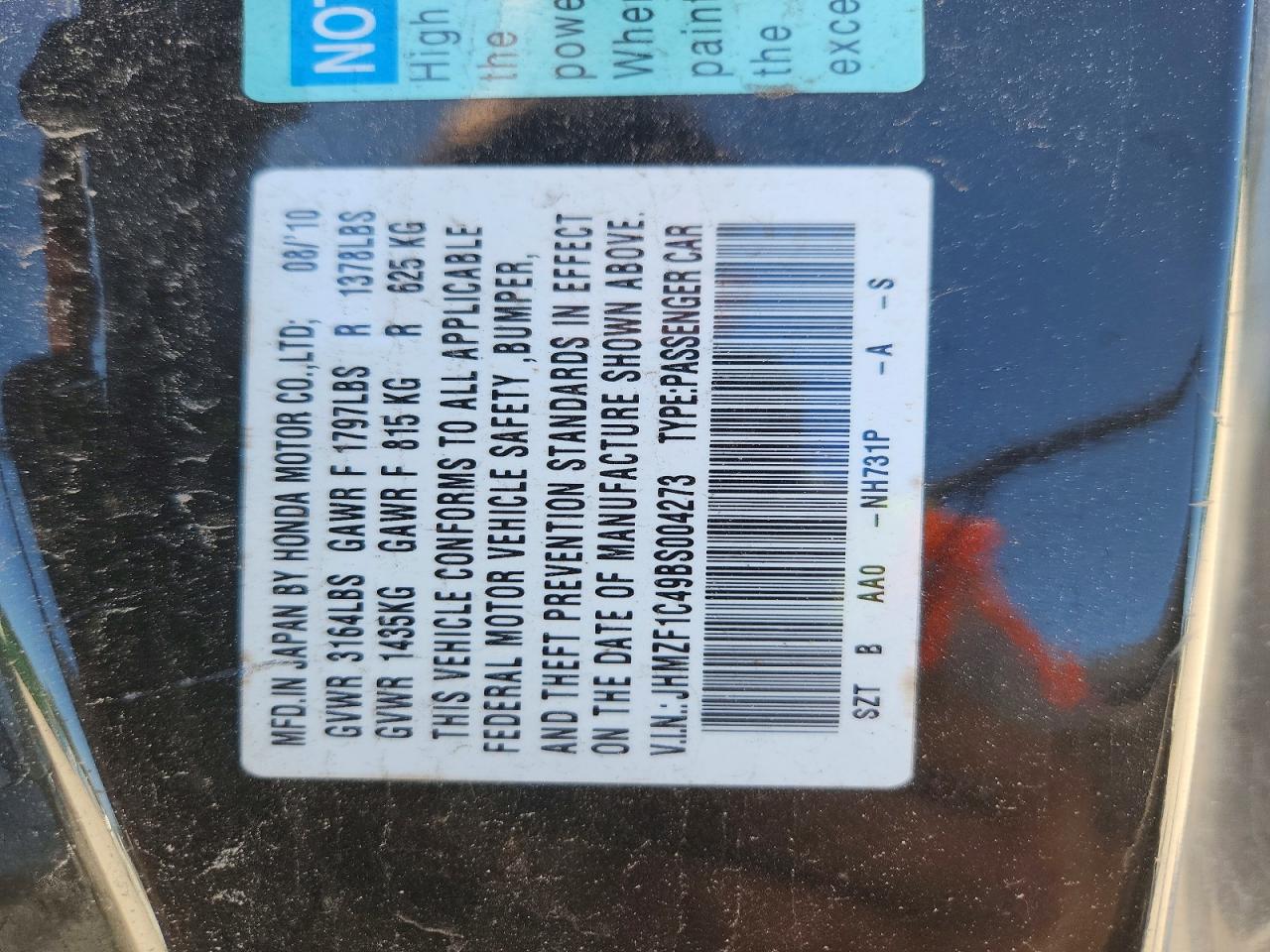 2011 Honda Cr-z Black vin: JHMZF1C49BS004273