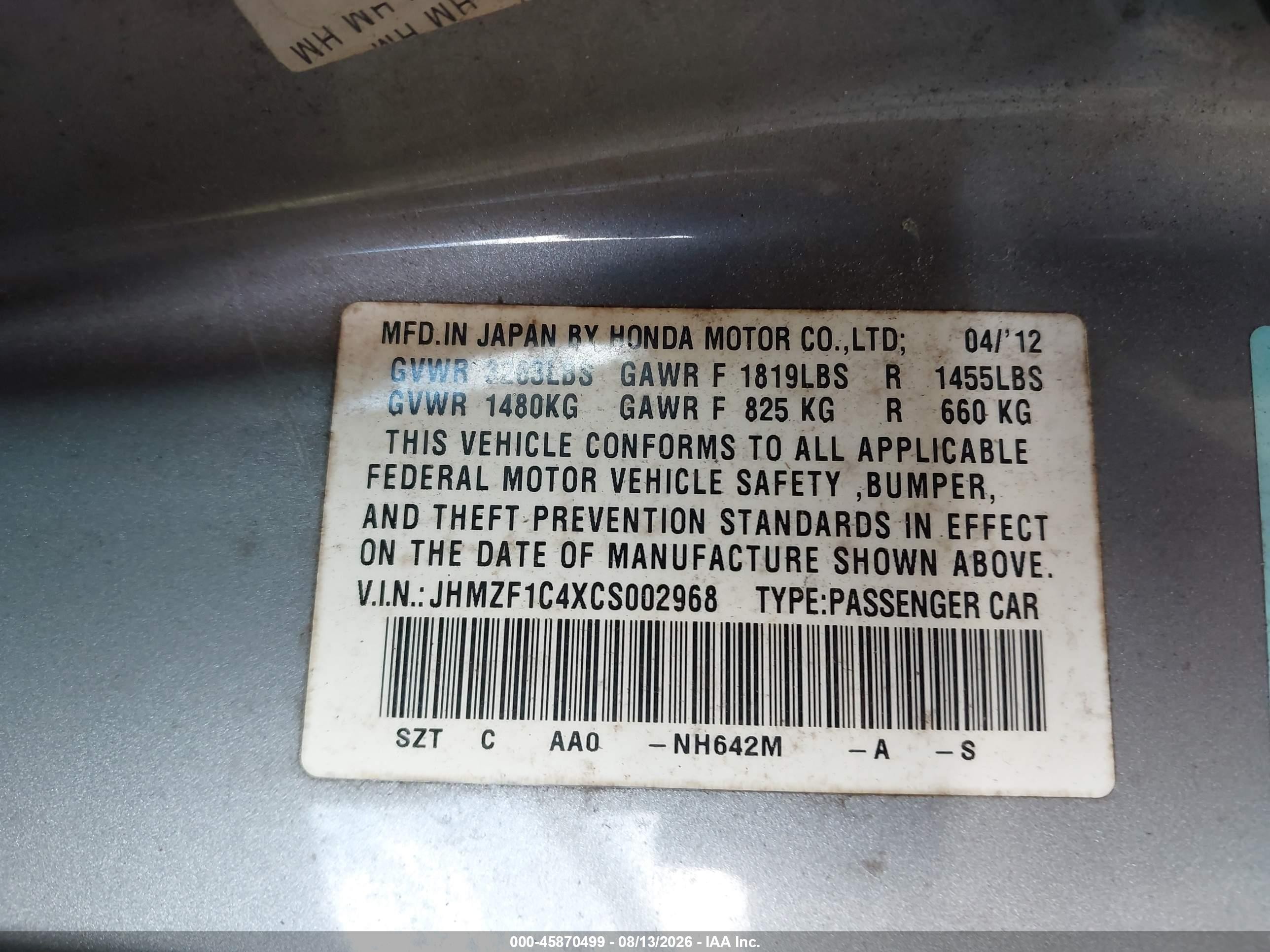 2012 Honda Cr-z   Silver vin: JHMZF1C4XCS002968
