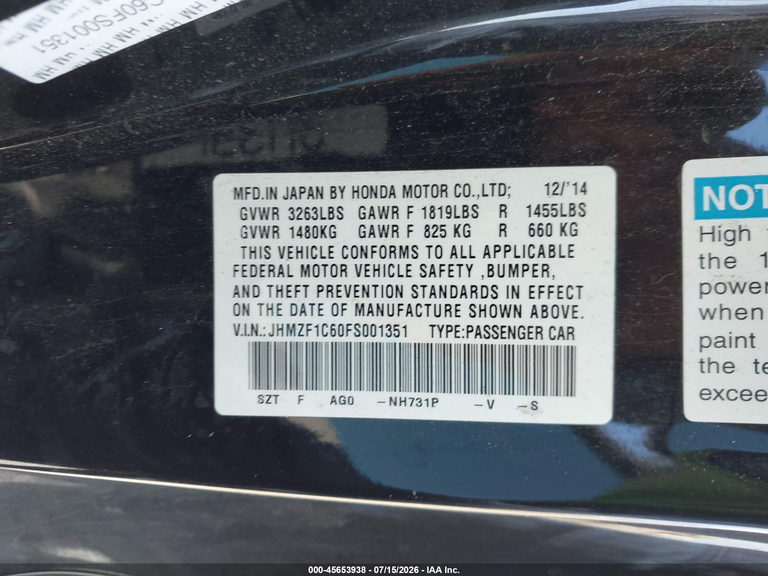 2015 Honda Cr-z Ex Black vin: JHMZF1C60FS001351