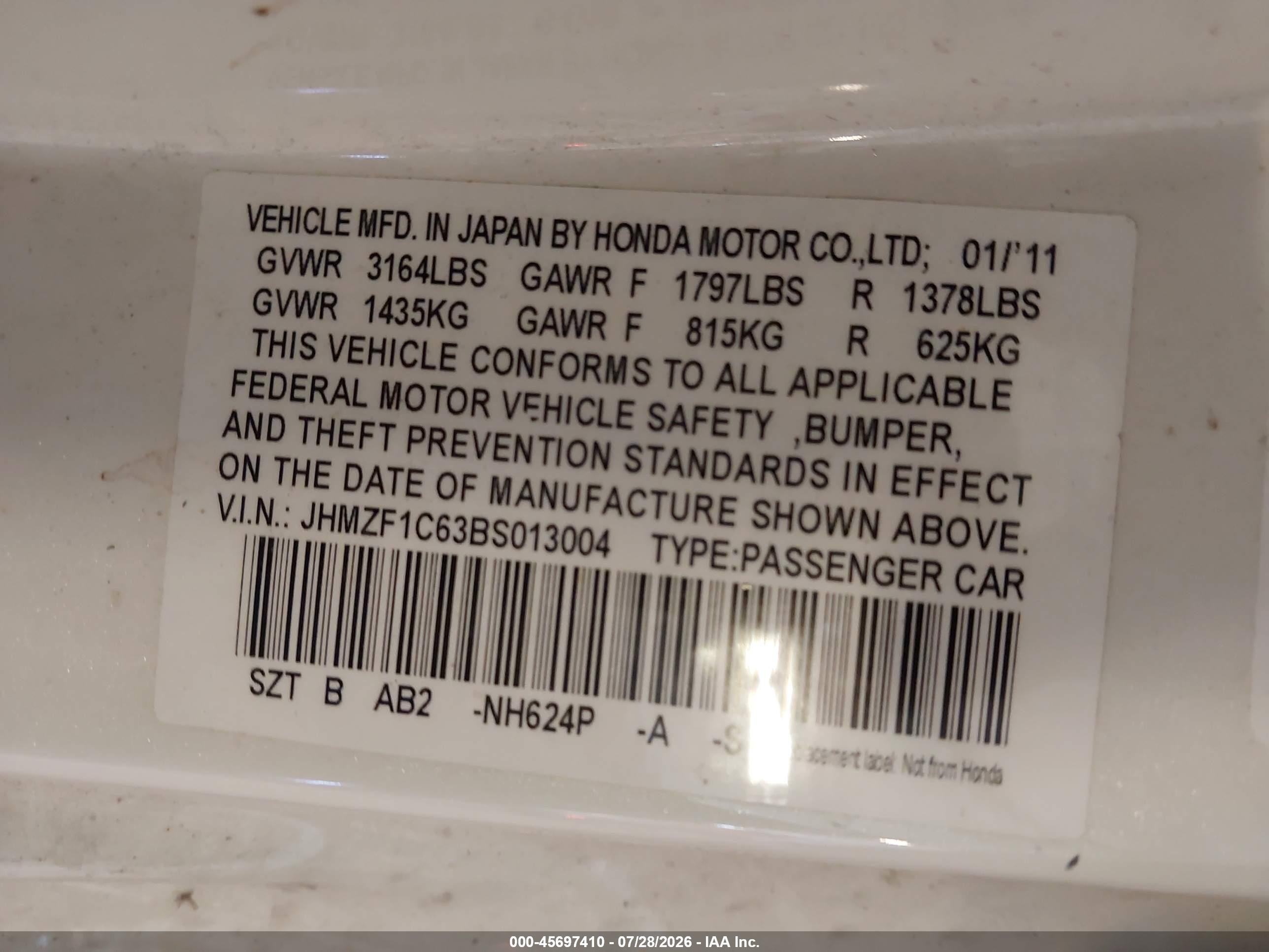 2011 Honda Cr-z Ex White vin: JHMZF1C63BS013004