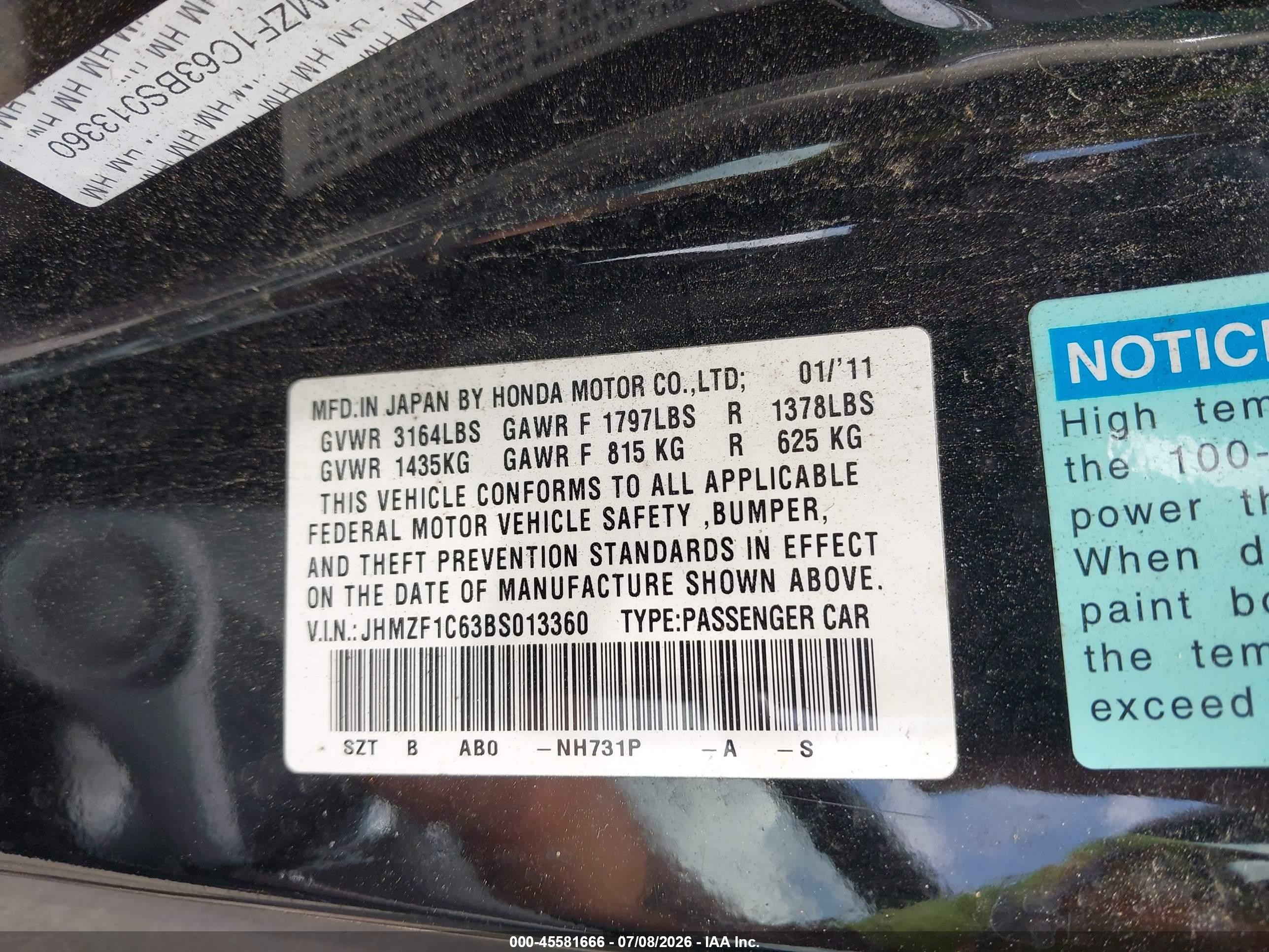 2011 Honda Cr-z Ex Black vin: JHMZF1C63BS013360