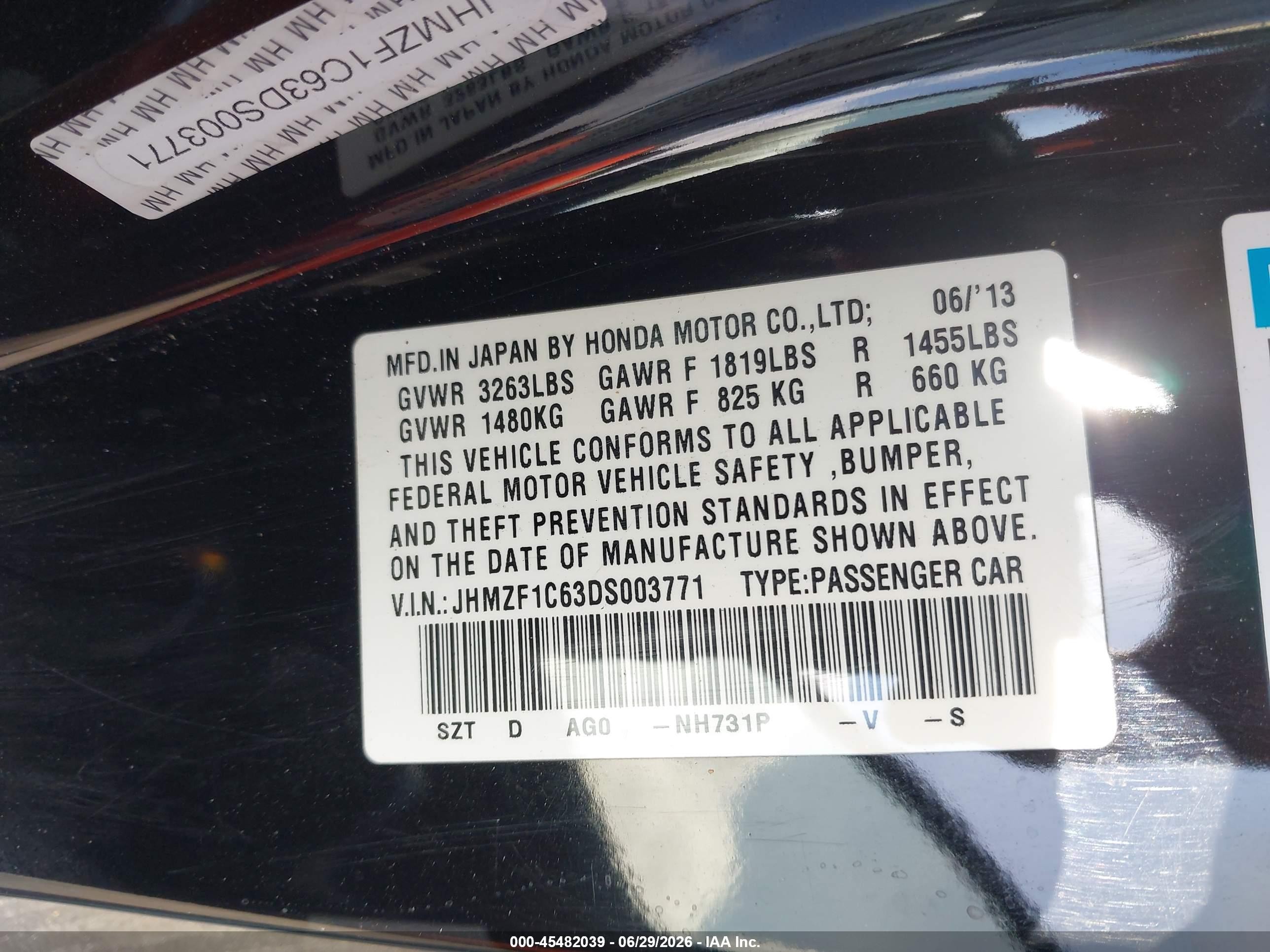 2013 Honda Cr-z Ex Black vin: JHMZF1C63DS003771