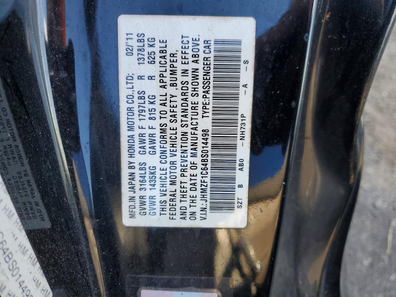 2011 Honda Cr-z Ex Black vin: JHMZF1C64BS014498