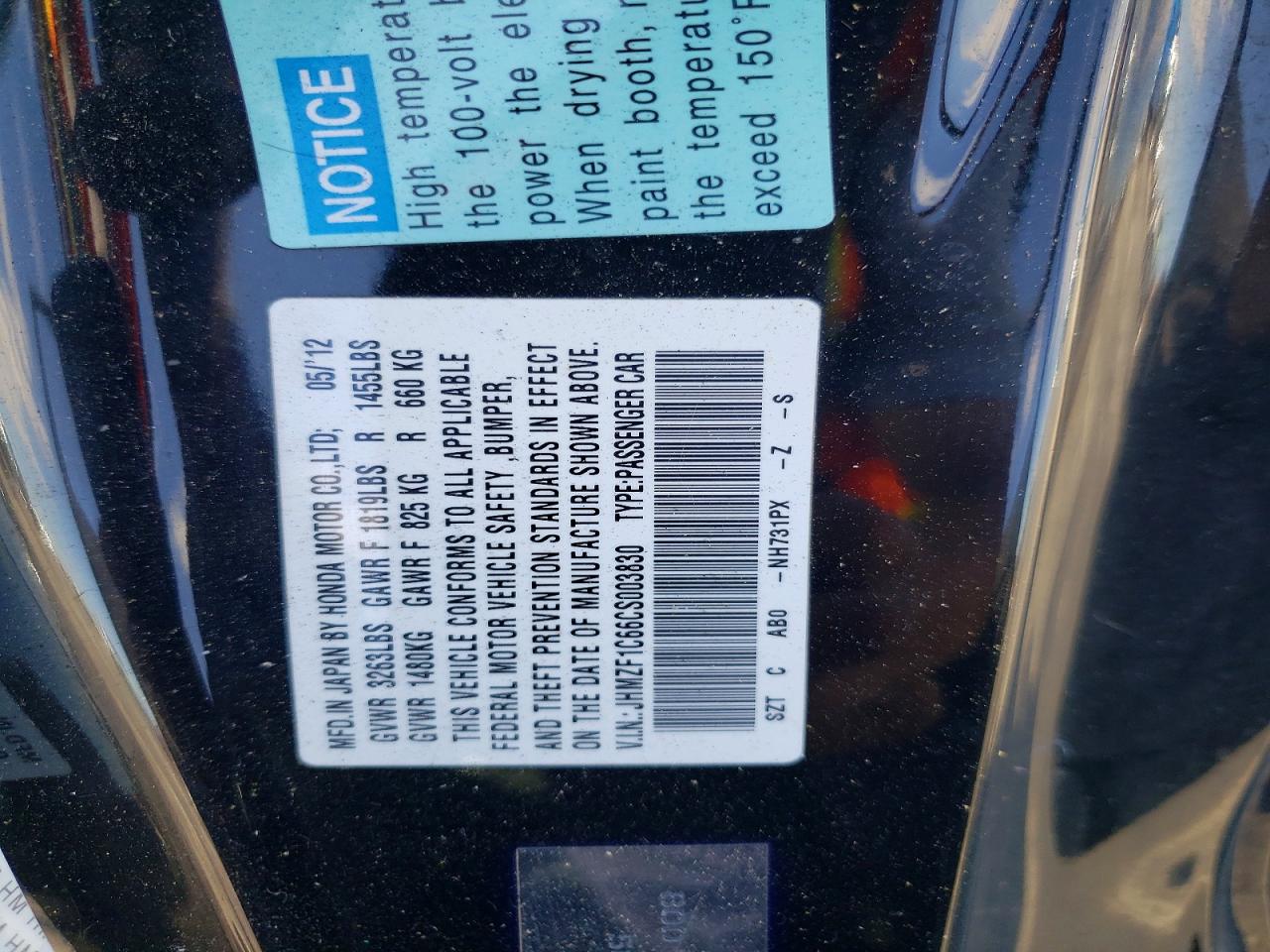 2012 Honda Cr-z Ex Black vin: JHMZF1C66CS003830