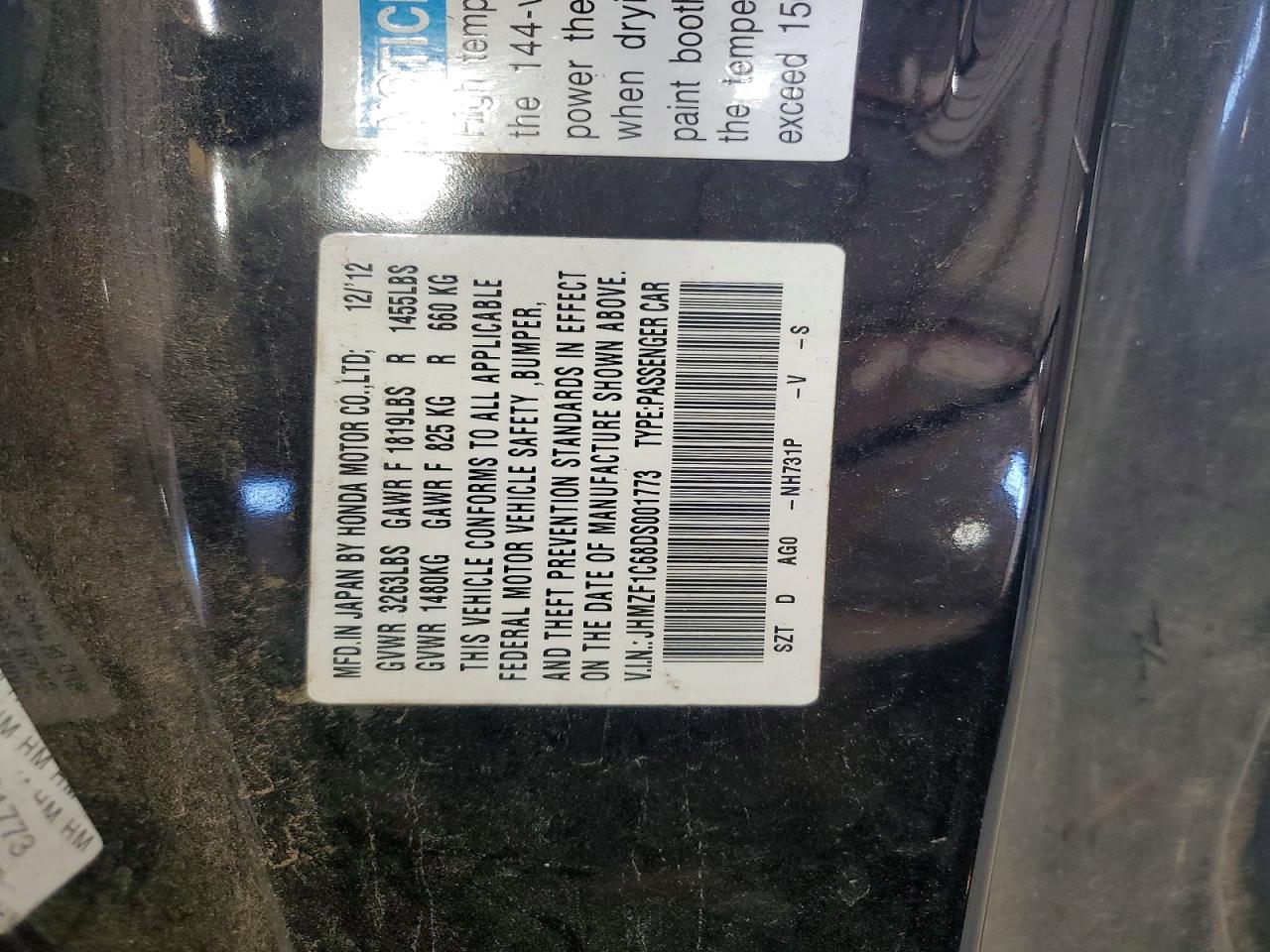 2013 Honda Cr-z Ex Black vin: JHMZF1C68DS001773