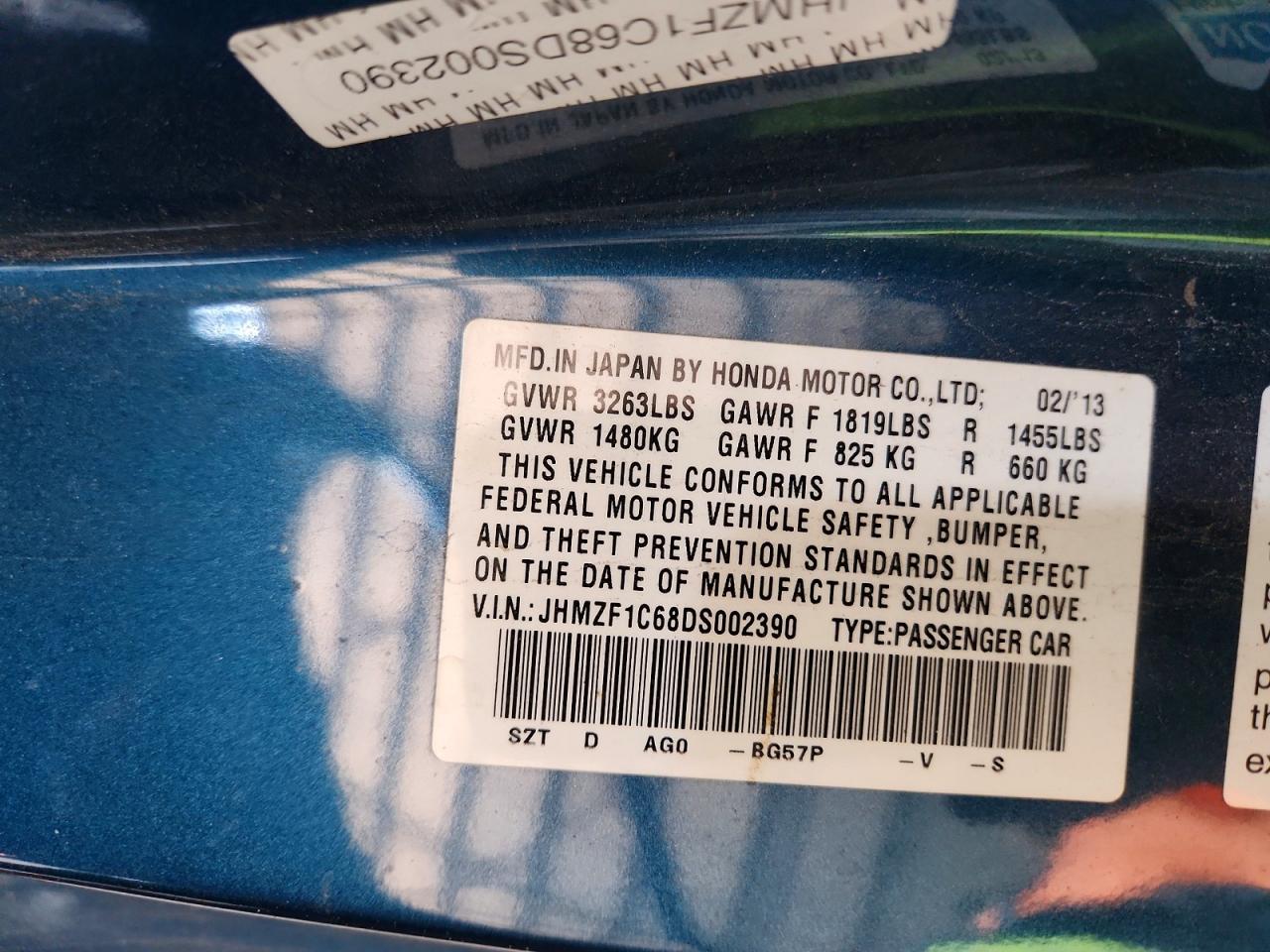 2013 Honda Cr-z Ex Blue vin: JHMZF1C68DS002390
