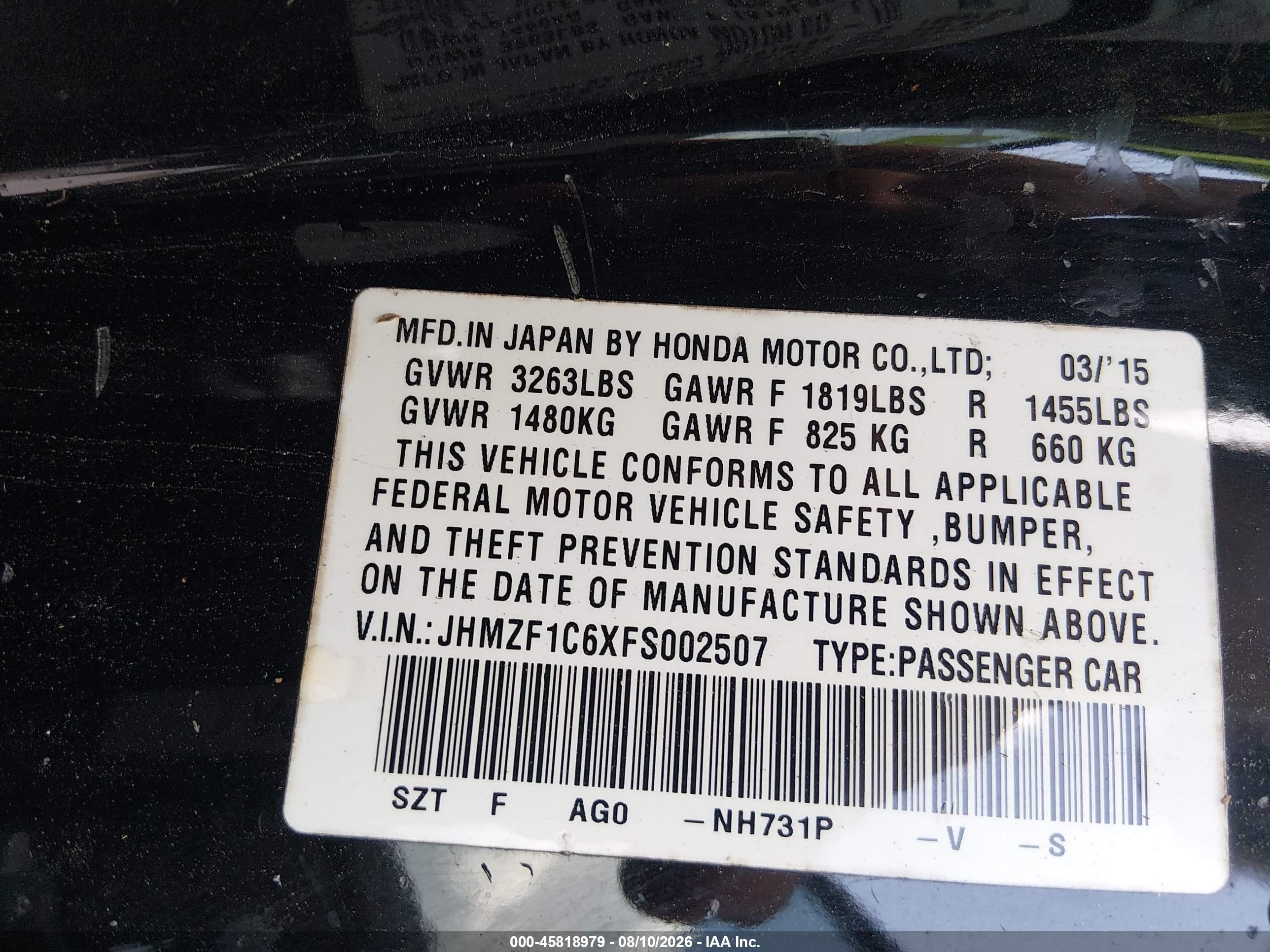 2015 Honda Cr-z Ex Black vin: JHMZF1C6XFS002507