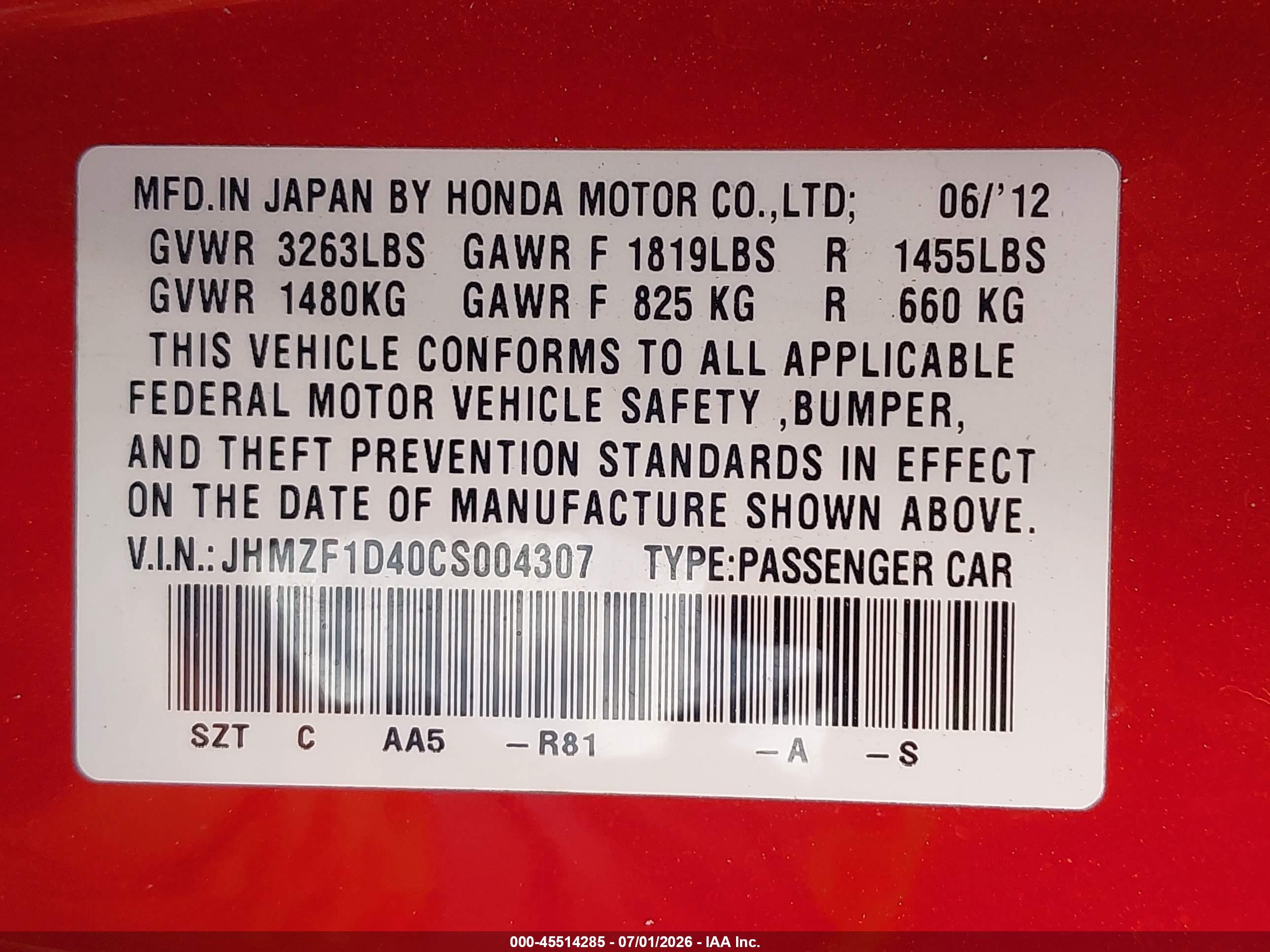 2012 Honda Cr-z   Red vin: JHMZF1D40CS004307