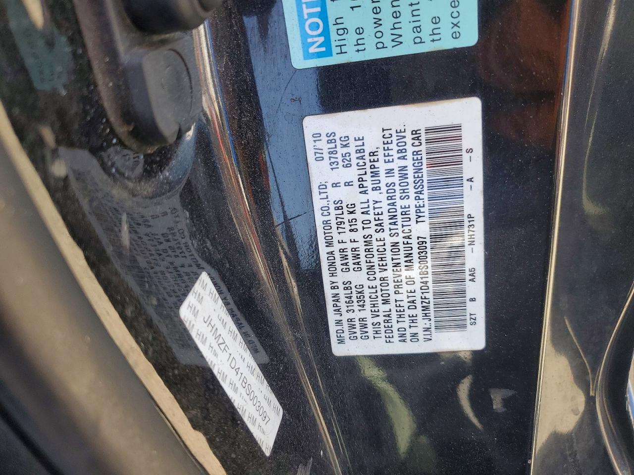 2011 Honda Cr-z Black vin: JHMZF1D41BS003097