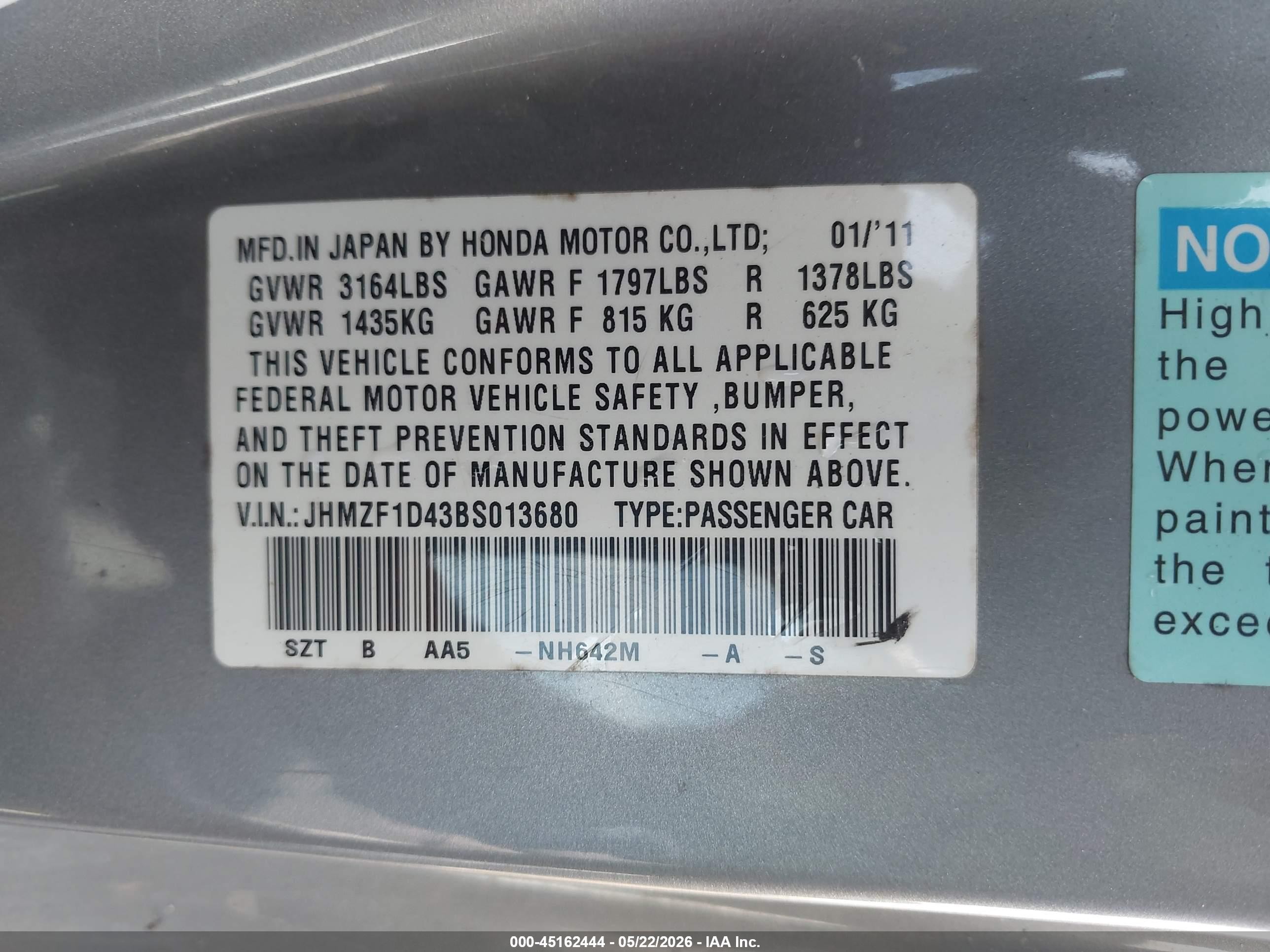 2011 Honda Cr-z   Gray vin: JHMZF1D43BS013680