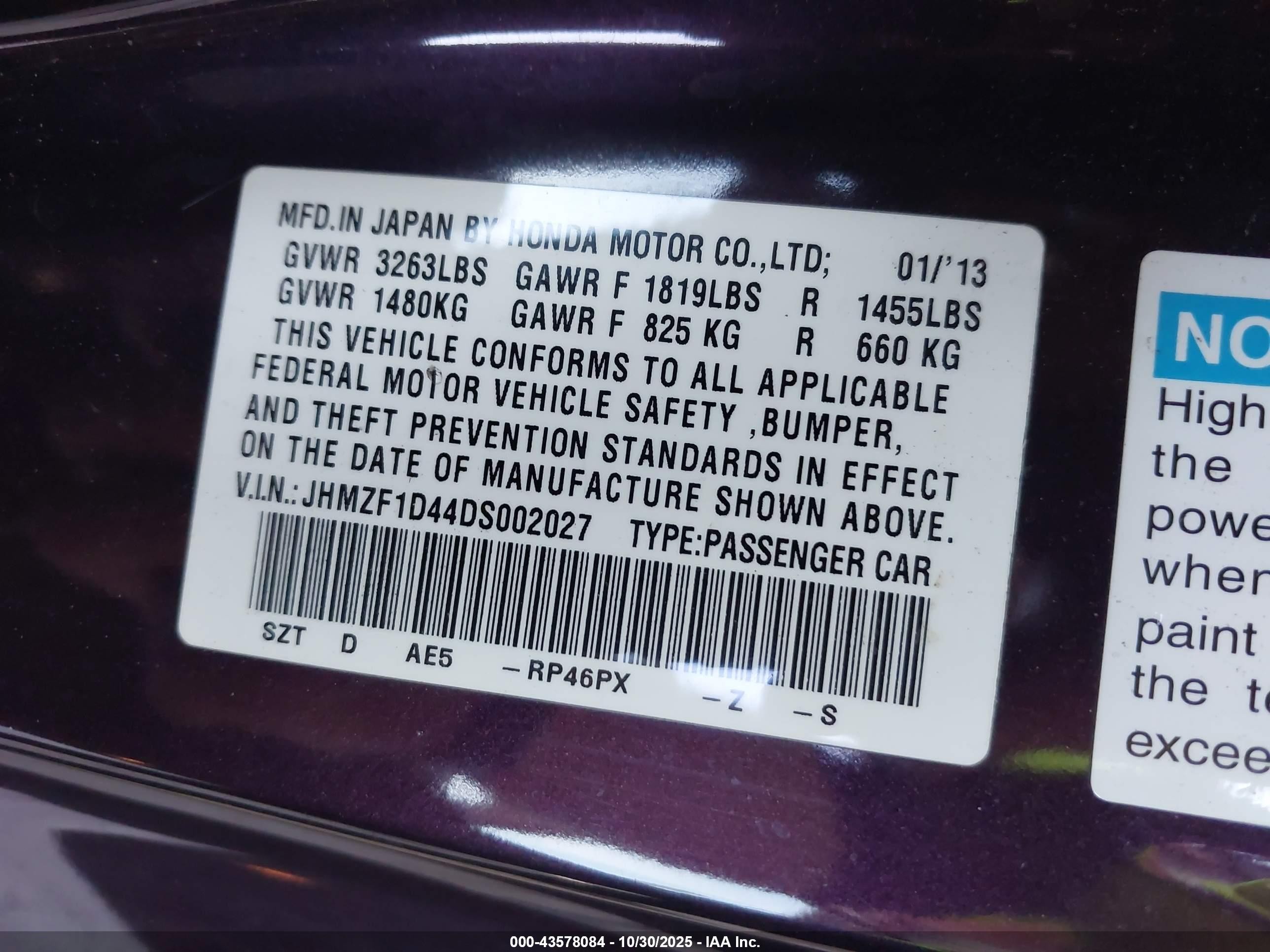 2013 Honda Cr-z   Purple vin: JHMZF1D44DS002027