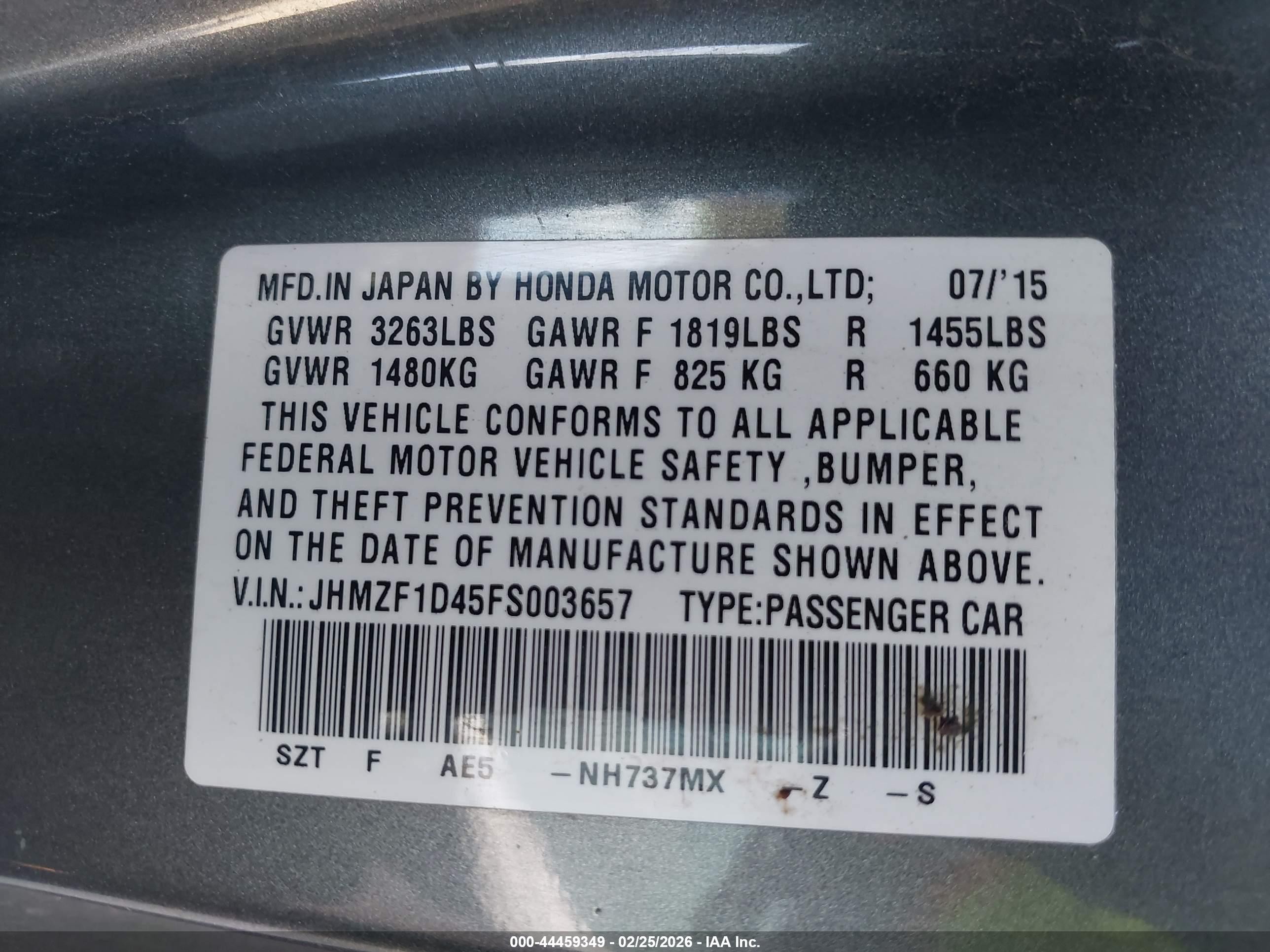 2015 Honda Cr-z   Серый vin: JHMZF1D45FS003657