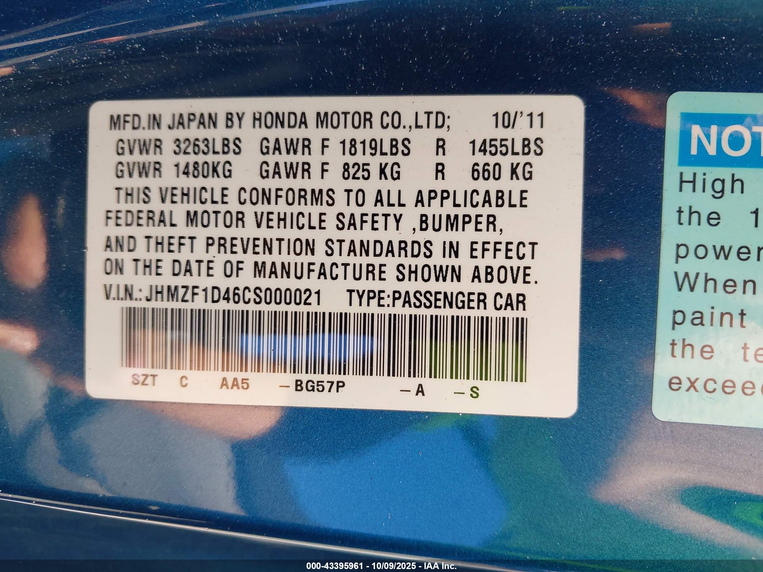 2012 Honda Cr-z   Blue vin: JHMZF1D46CS000021