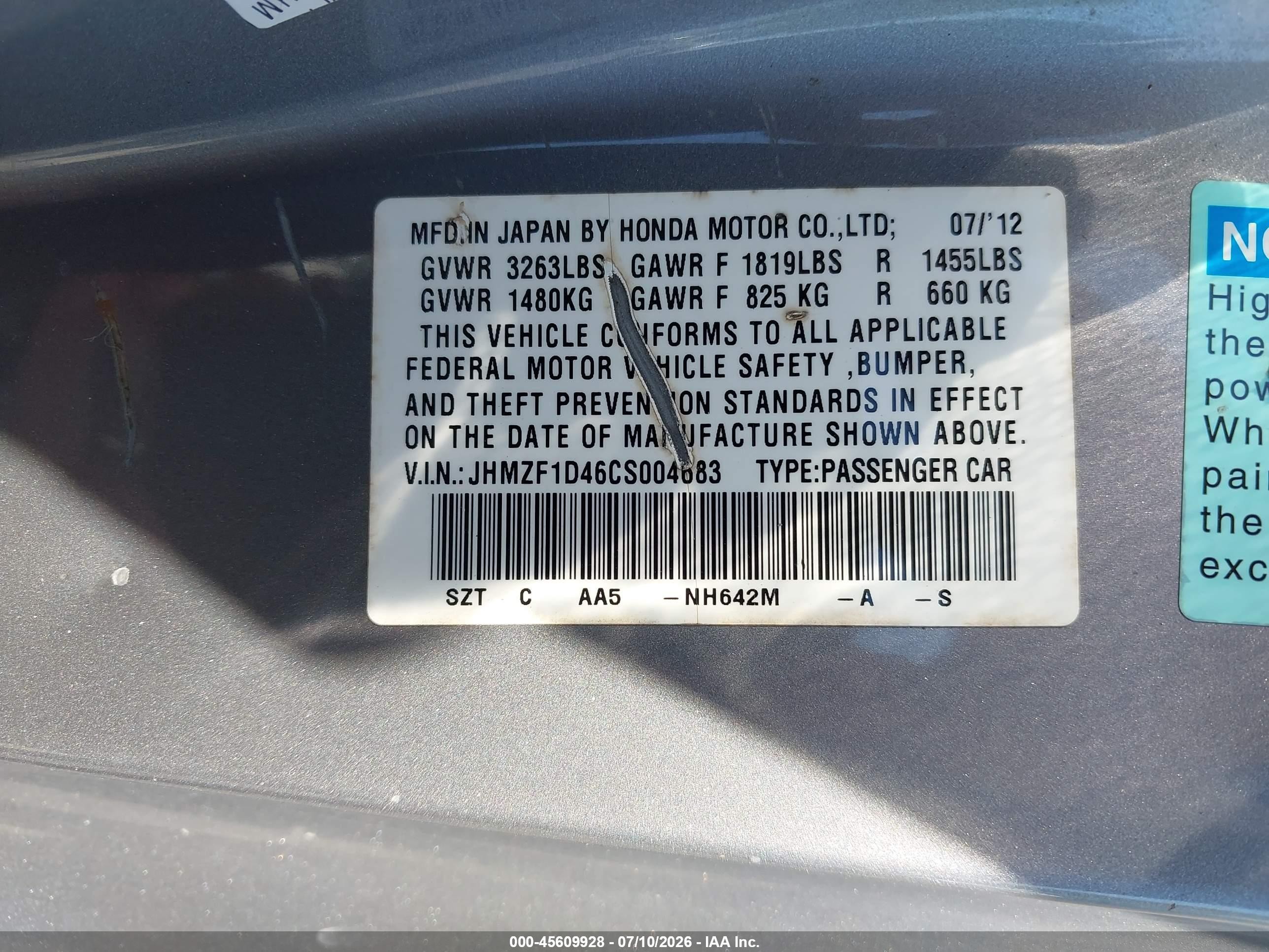 2012 Honda Cr-z Silver vin: JHMZF1D46CS004683