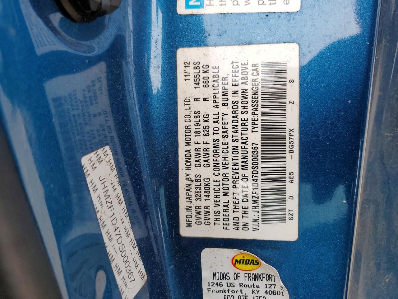 2013 Honda Cr-z Blue vin: JHMZF1D47DS000367
