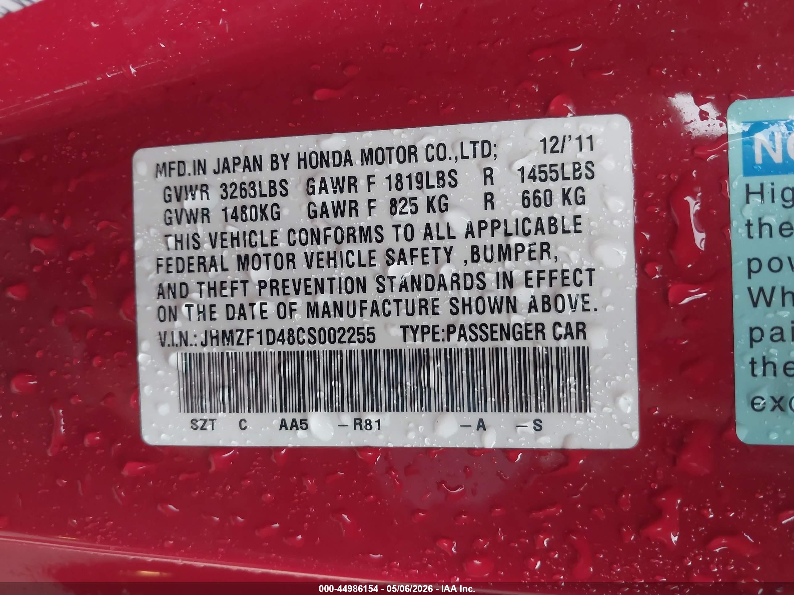 2012 Honda Cr-z   Red vin: JHMZF1D48CS002255