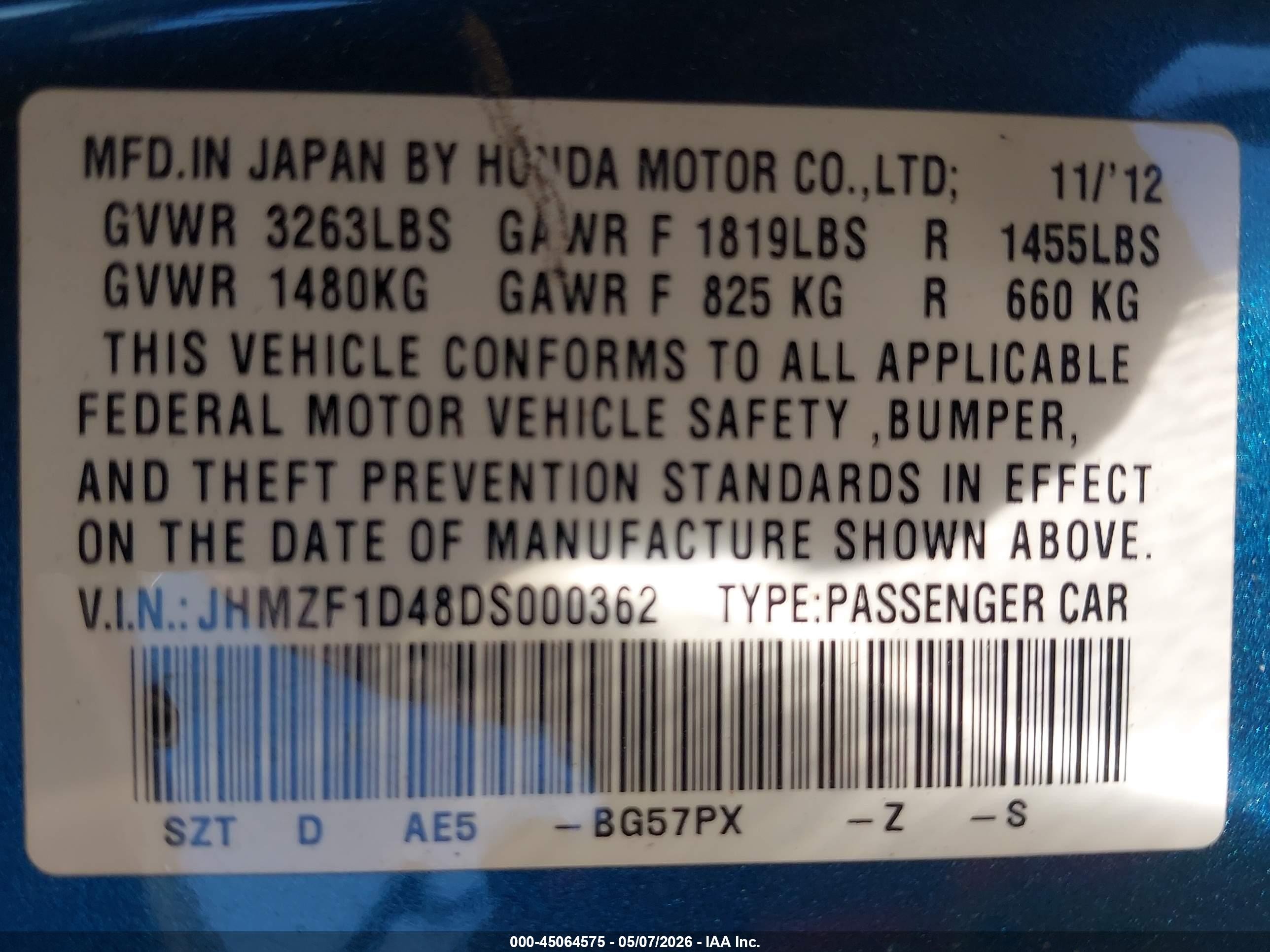 2013 Honda Cr-z   Синий vin: JHMZF1D48DS000362
