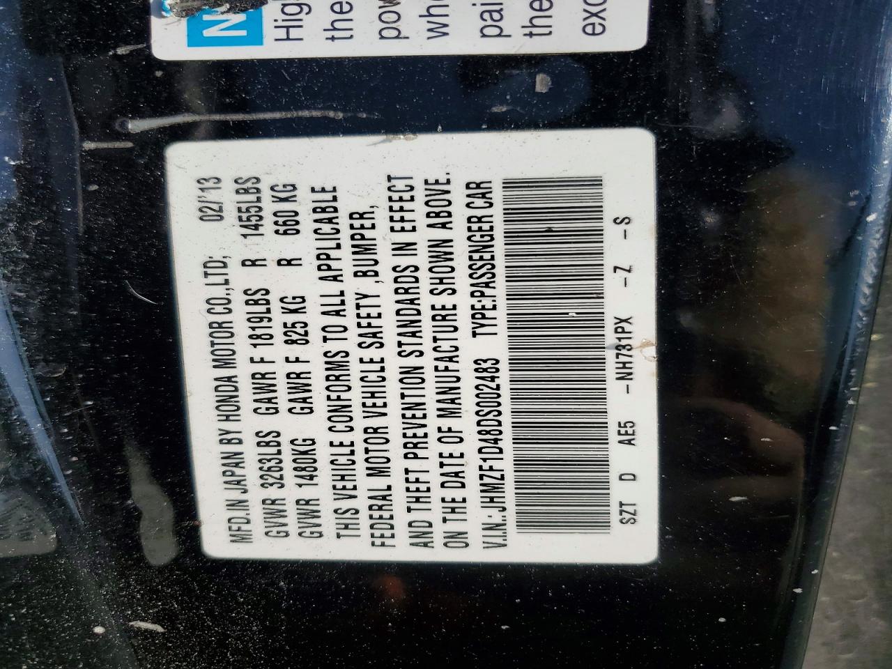2013 Honda Cr-z Black vin: JHMZF1D48DS002483