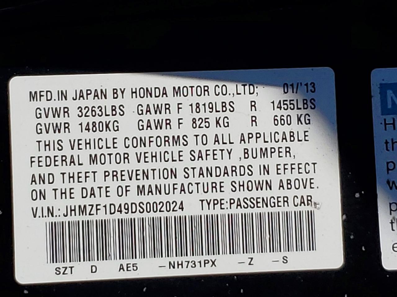 2013 Honda Cr-z Black vin: JHMZF1D49DS002024