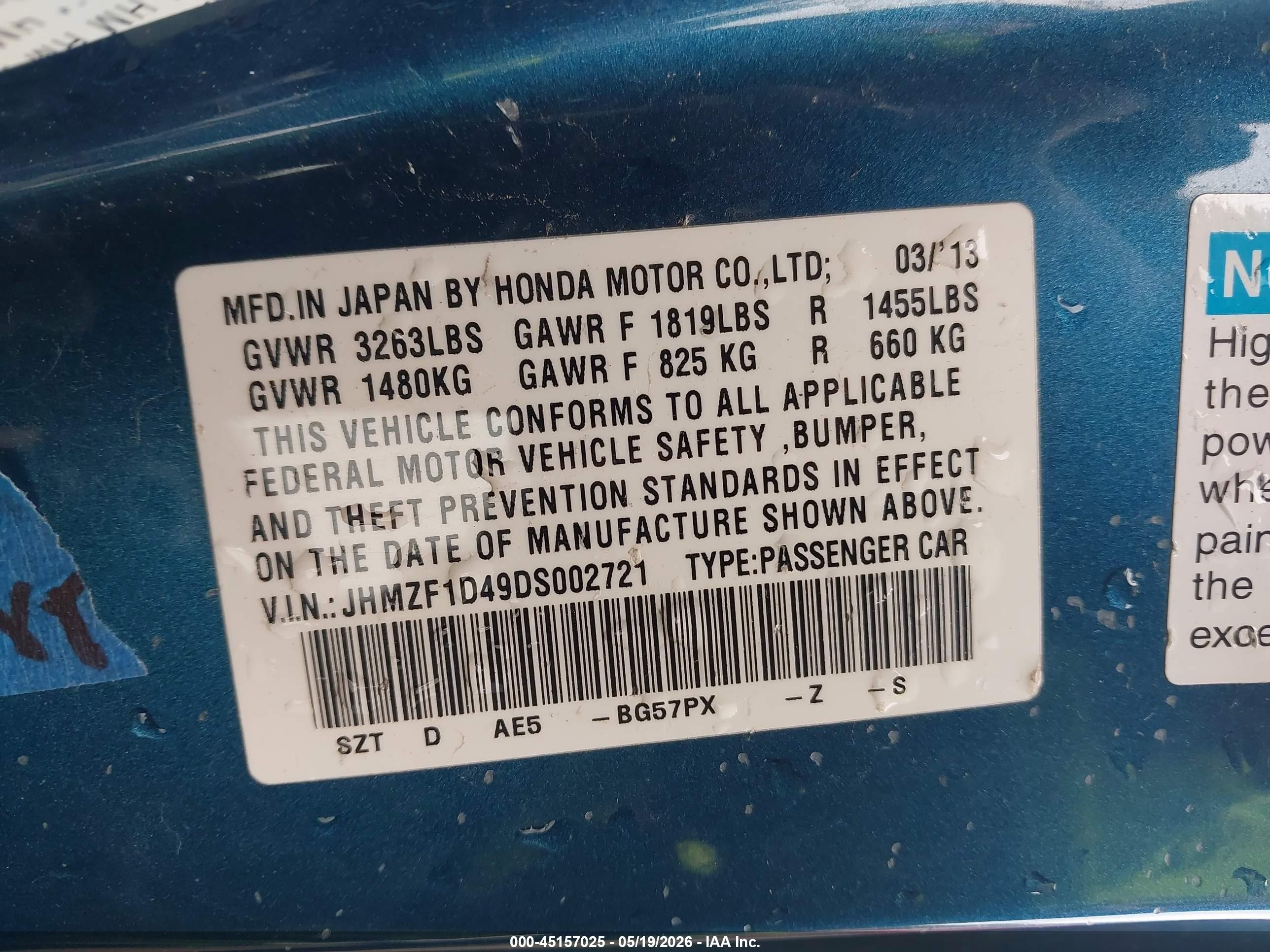 2013 Honda Cr-z   Blue vin: JHMZF1D49DS002721