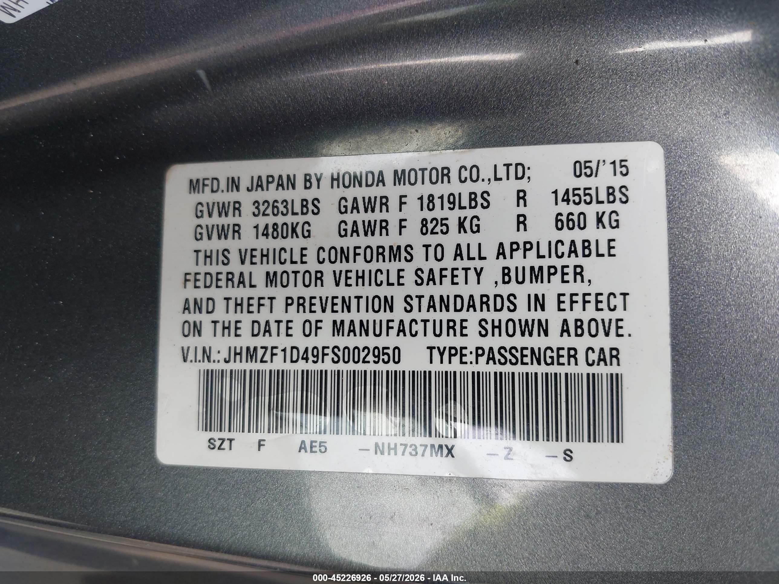 2015 Honda Cr-z   Gray vin: JHMZF1D49FS002950