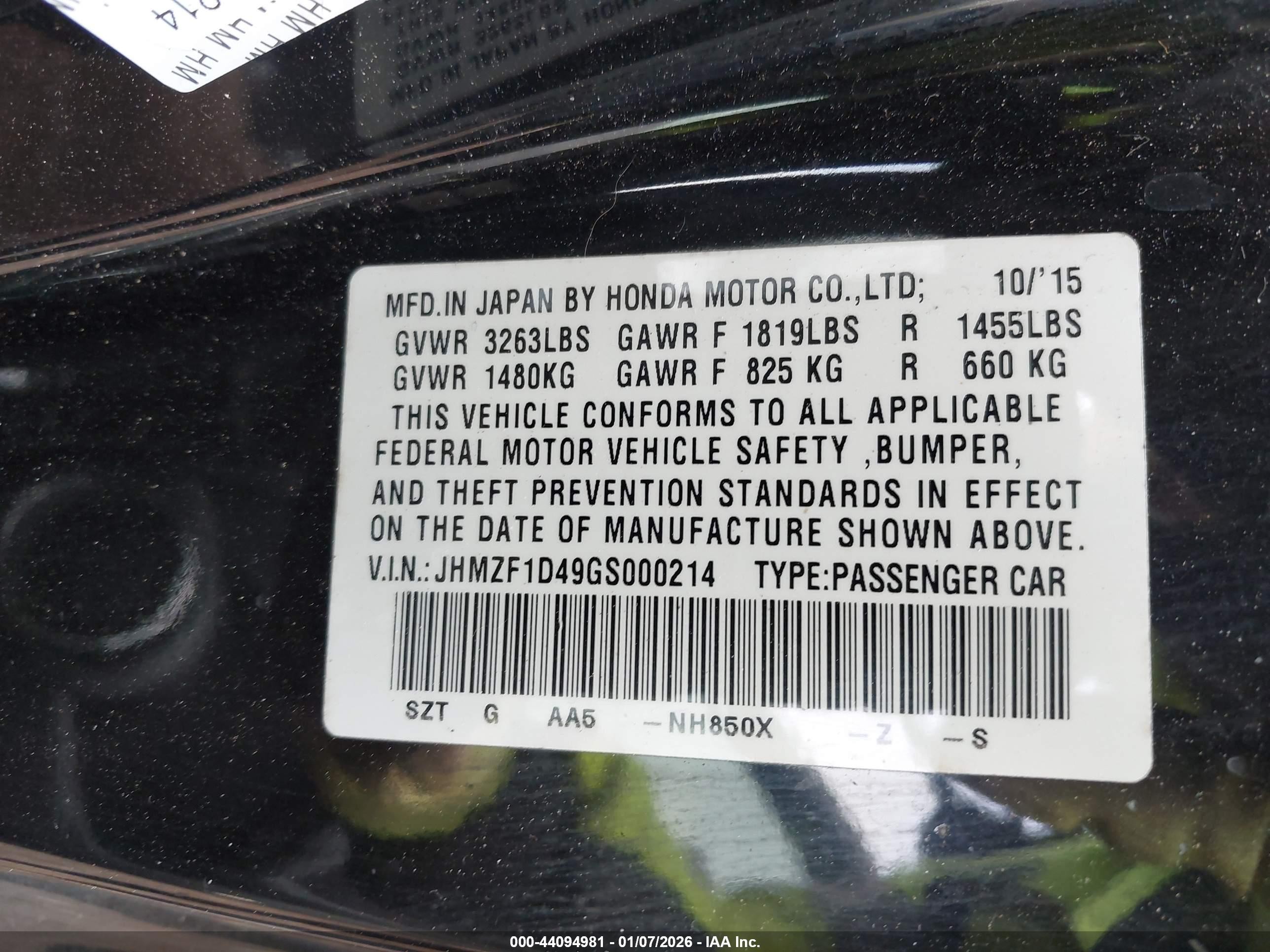 2016 Honda Cr-z Lx Black vin: JHMZF1D49GS000214
