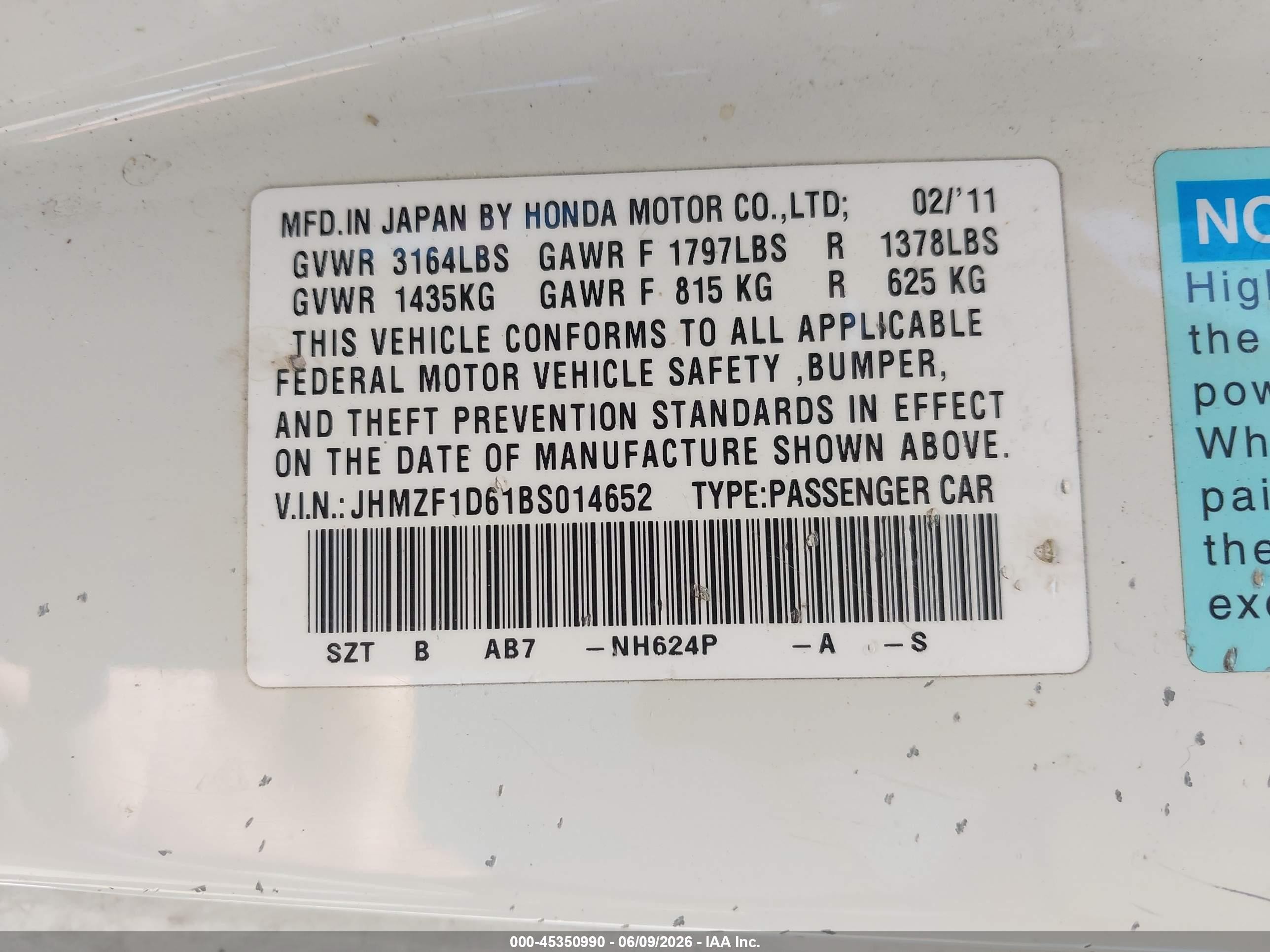 2011 Honda Cr-z Ex White vin: JHMZF1D61BS014652