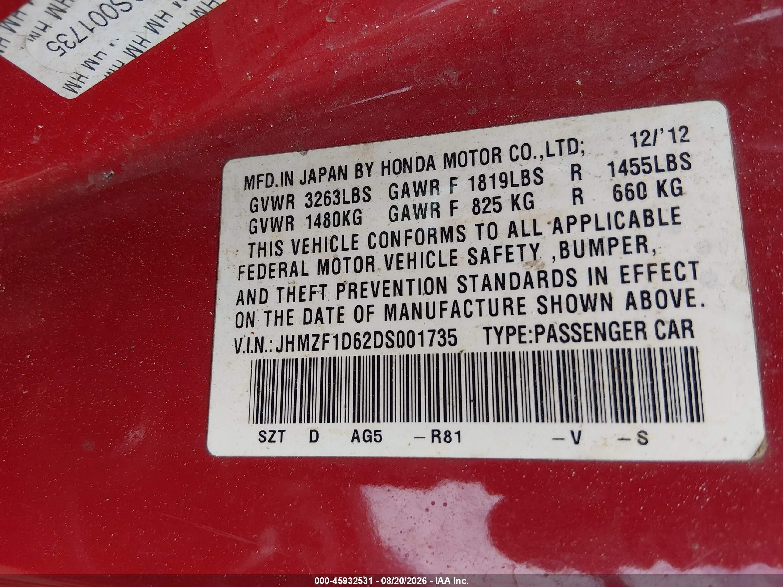 2013 Honda Cr-z Ex Red vin: JHMZF1D62DS001735